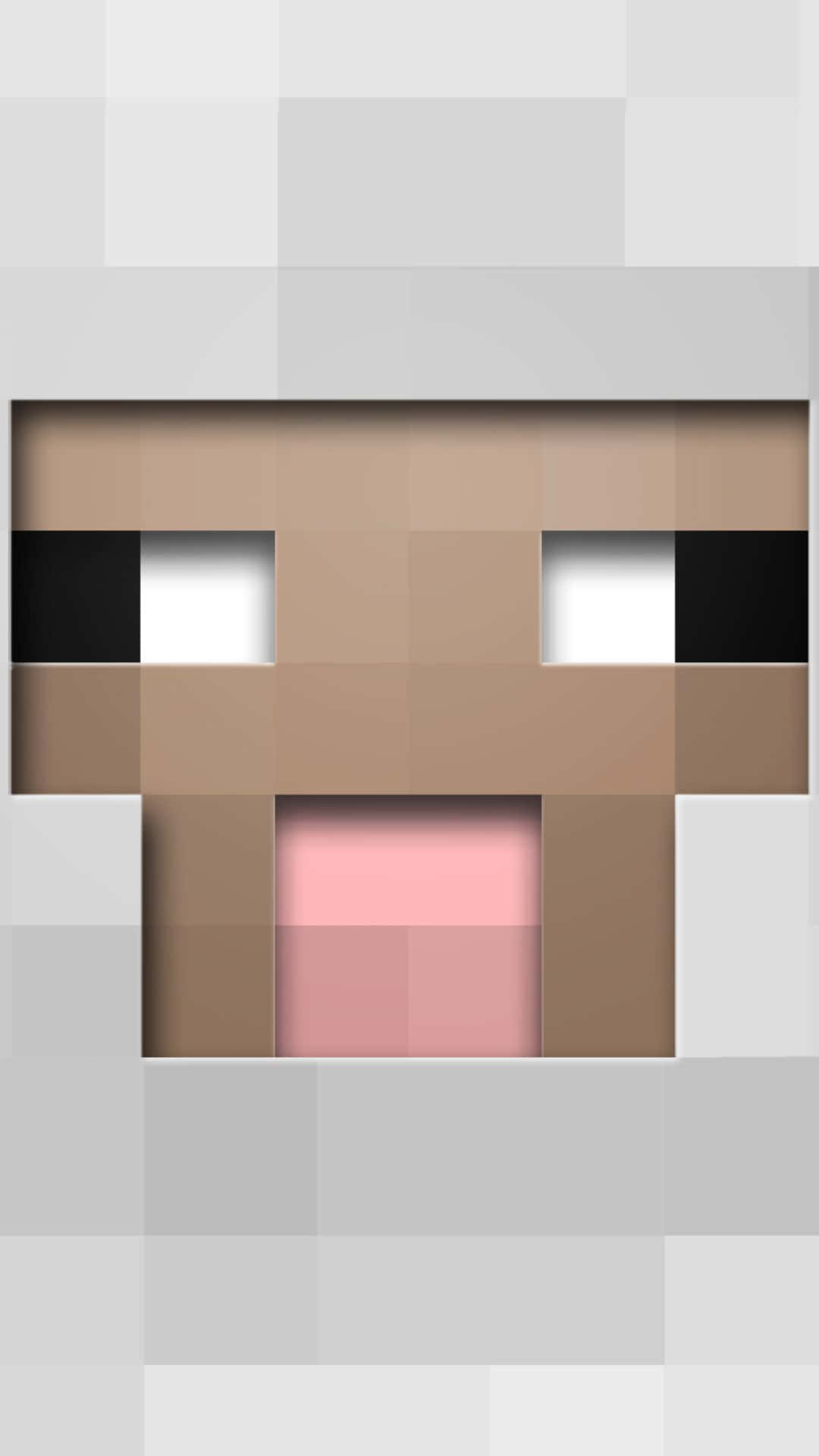Minecraft Sheep 桌布 壁紙 — 一個像素化的Minecraft羊臉，有黑色眼睛和粉紅色舌頭，背景為灰色方塊。