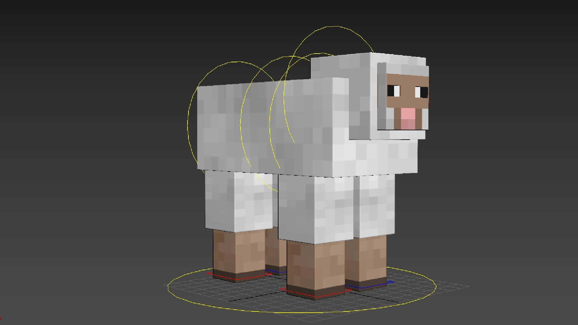 Minecraft Sheep 桌布 壁紙 — 一個像素化的Minecraft羊模型，有白色羊毛和棕色腿，站在帶有黃色選擇輪廓的網格上。