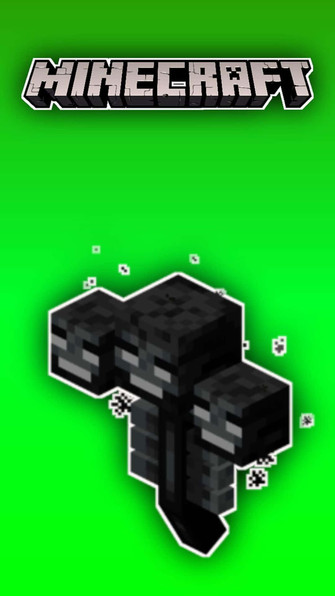 Minecraft Wither 桌布 壁紙 — 一個像素化的Minecraft苦力怕，有著發光的眼睛和煙霧粒子，背景是明亮的綠色。