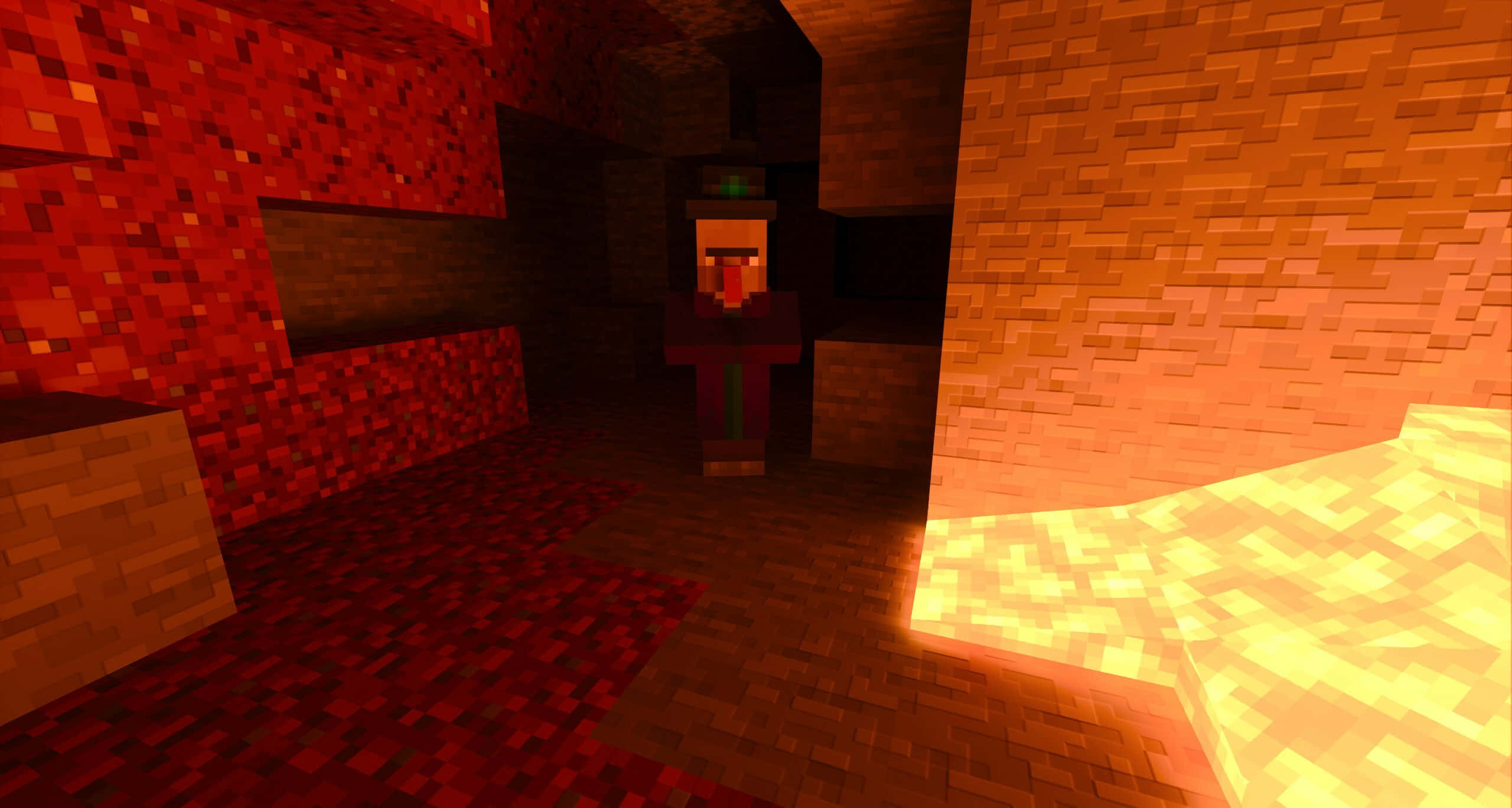 Minecraft Witch 桌布 壁紙 — 一個像素化的Minecraft角色站在一個光線昏暗的地獄堡壘中，周圍有發光的熔岩池和紅色地獄磚。