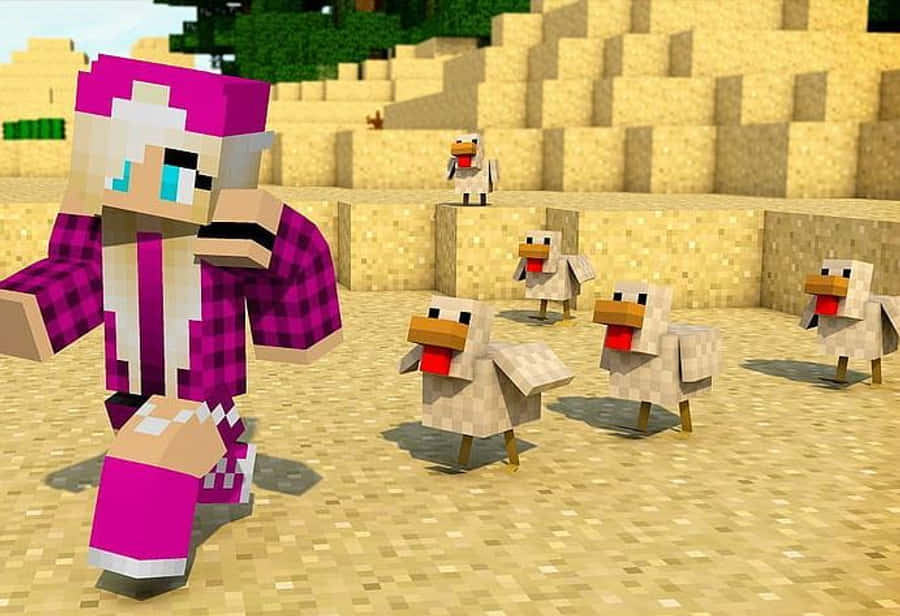 Minecraft Pets 桌布 壁紙 — 一個像素化的Minecraft角色穿著粉紅色格子圖案，在沙漠生物群落中奔跑，附近有四隻雞。