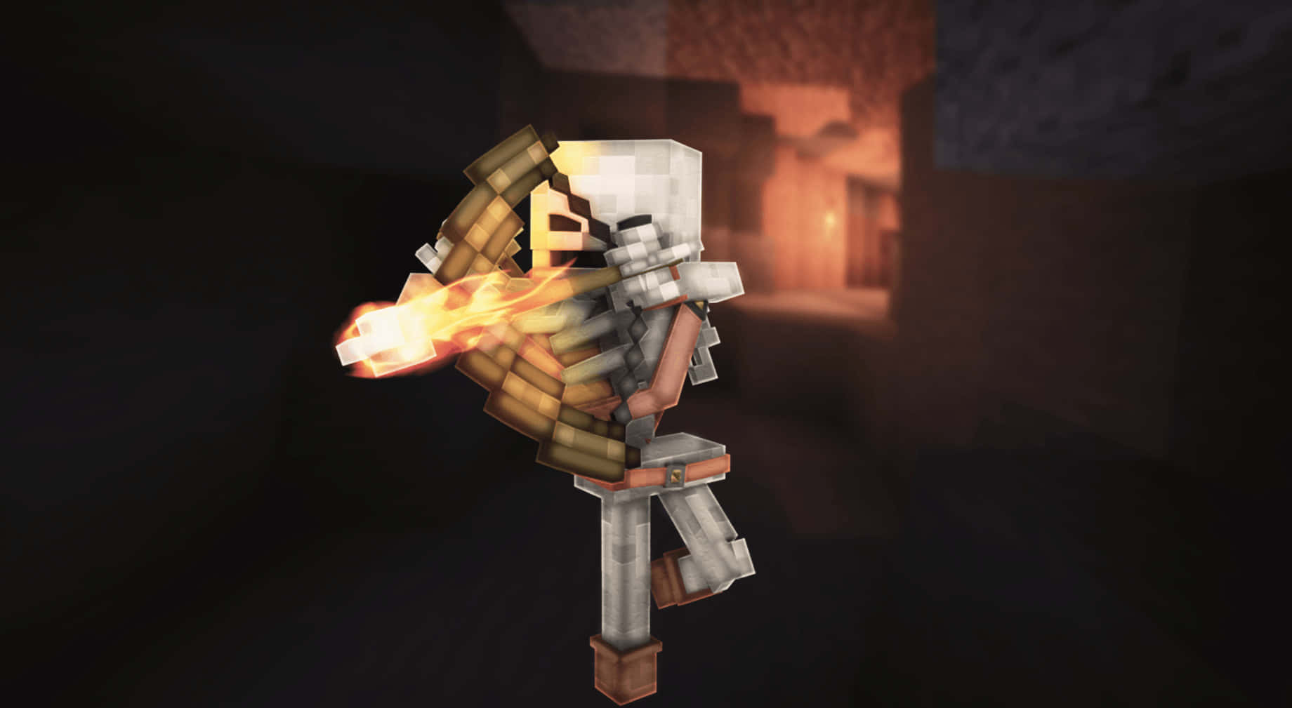 Minecraft Skeleton 桌布 壁紙 — 一個像素化的Minecraft角色在昏暗的地牢中發射火焰弓，背景有發光的橙色光芒。