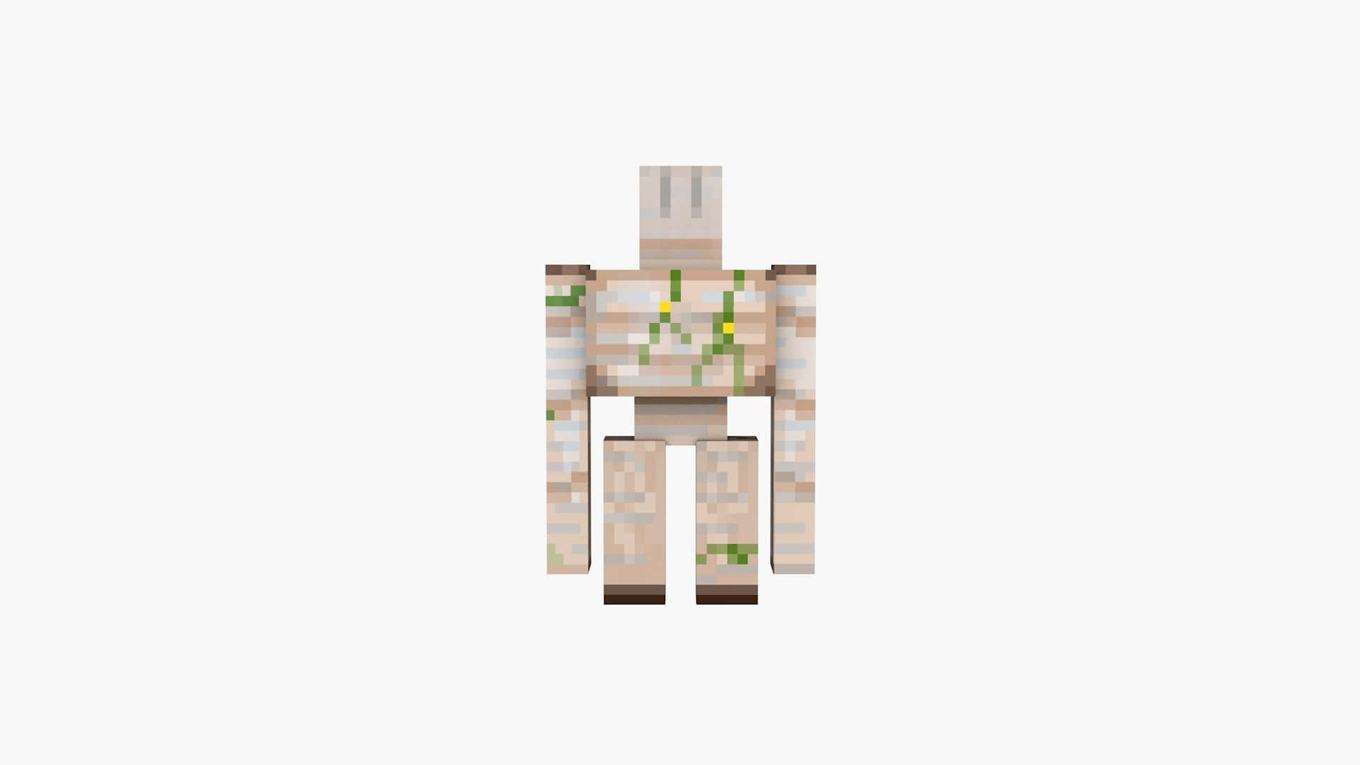 Minecraft Iron Golem 桌布 壁紙 — 一個像素化的Minecraft角色，帶有木質紋理和綠色藤蔓在其身體上生長，背景為純白色。