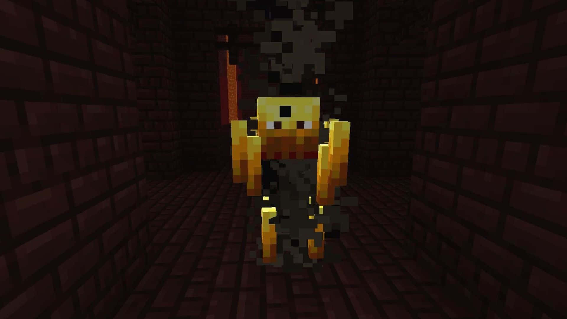 Minecraft Blaze 桌布 壁紙 — 一個像素化的Minecraft角色穿著金色盔甲，站在昏暗的磚砌地牢中，手持火炬。