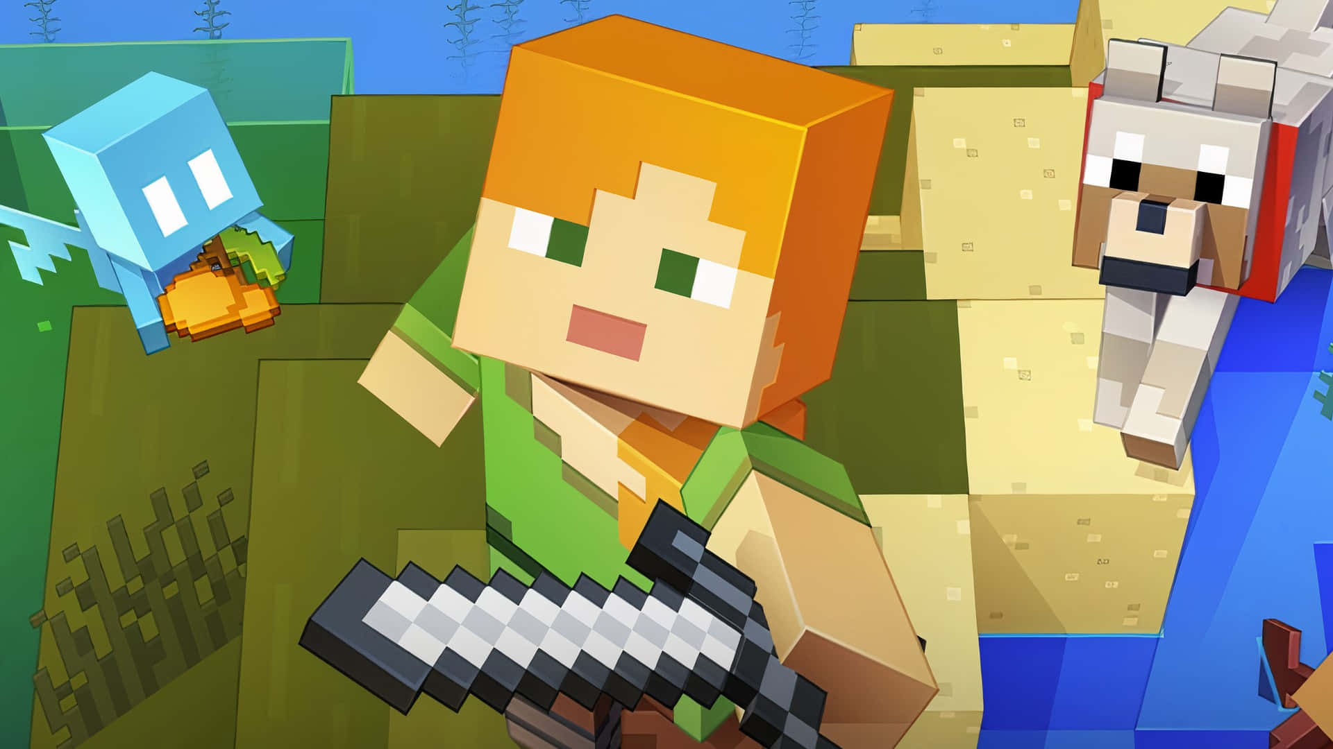 Minecraft Alex 桌布 壁紙 — 一個像素化的Minecraft角色，橙色頭髮，手持劍，站在一隻羊和一隻藍色蠑螈旁邊，背景是方塊狀的草地景觀。