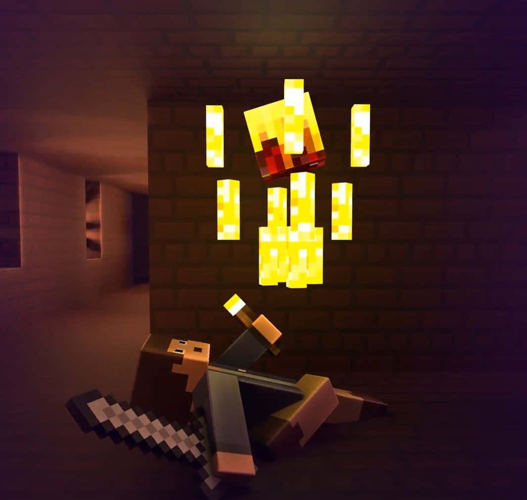 Minecraft Blaze 桌布 壁紙 — 一個像素化的Minecraft角色躺在石地板上被擊敗，發光的金色方塊在昏暗的磚砌走廊上方漂浮。