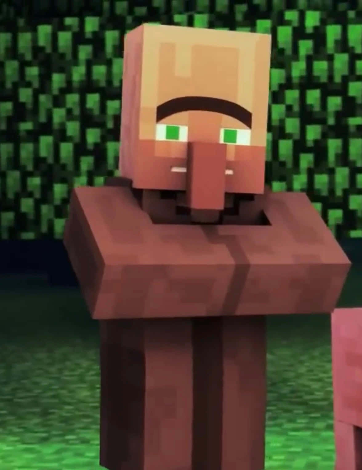 Minecraft Villager 桌布 壁紙 — 一個像素化的Minecraft角色，擁有綠色眼睛和鬍鬚，站在綠色方塊背景前。