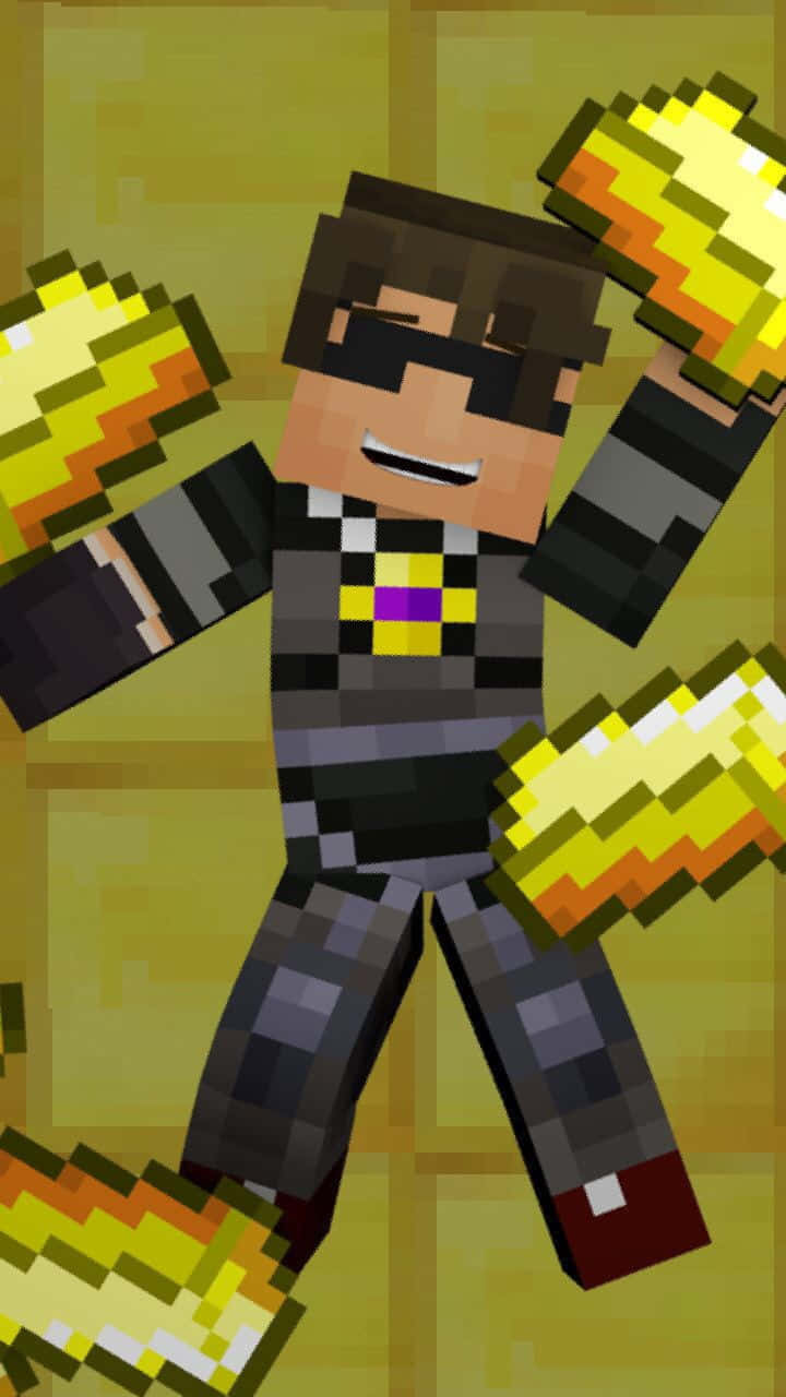 Minecraft Youtubers 桌布 壁紙 — 一個像素化的Minecraft角色，戴著太陽眼鏡和格仔衫，在溫暖的黃色背景前高興地拿著發光的金色方塊。