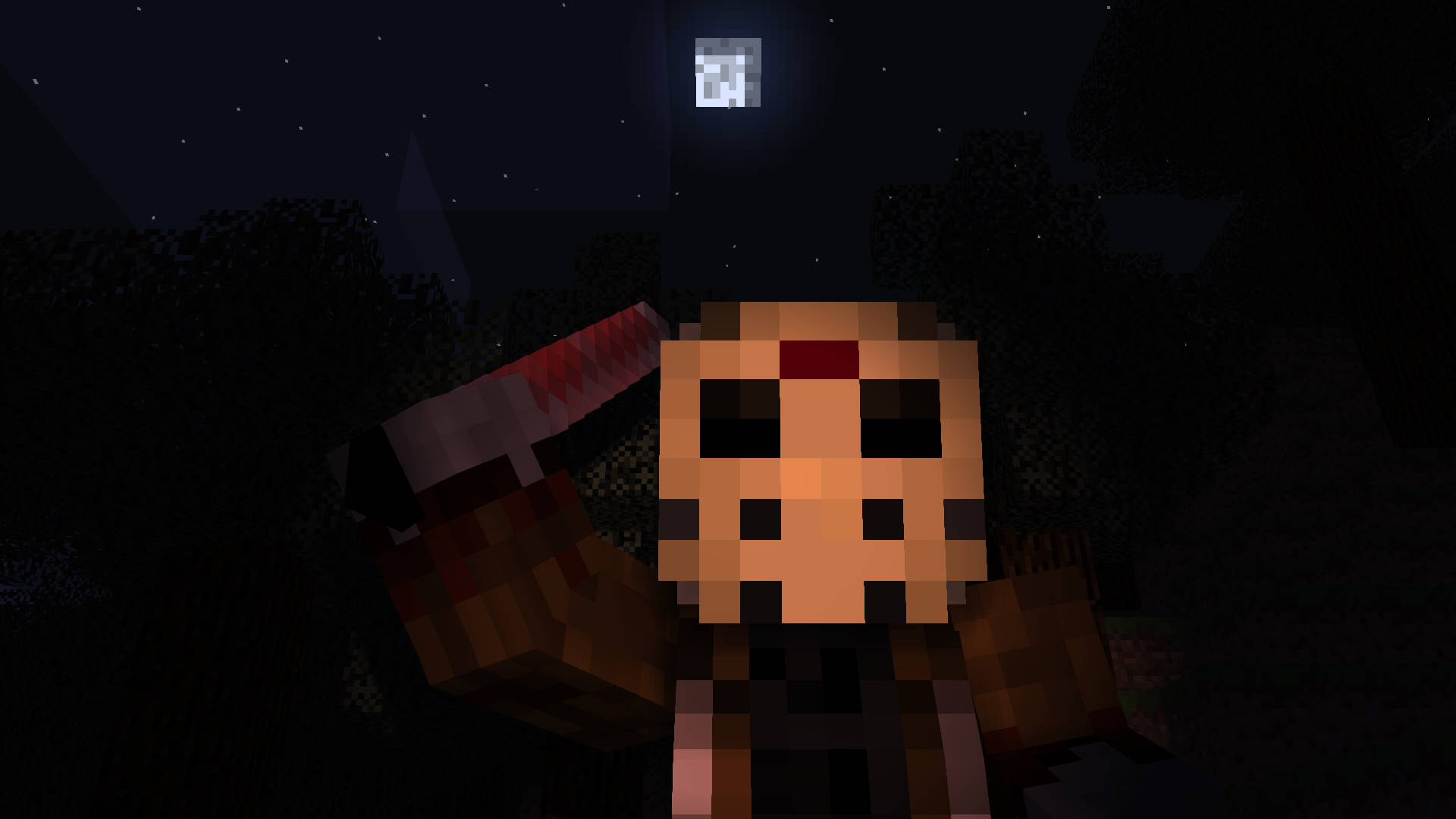 Jason Voorhees Minecraft 壁紙 — 一個像素化的Minecraft角色，手持染有紅色的斧頭，站在星空下，上方有一個發光的方塊。