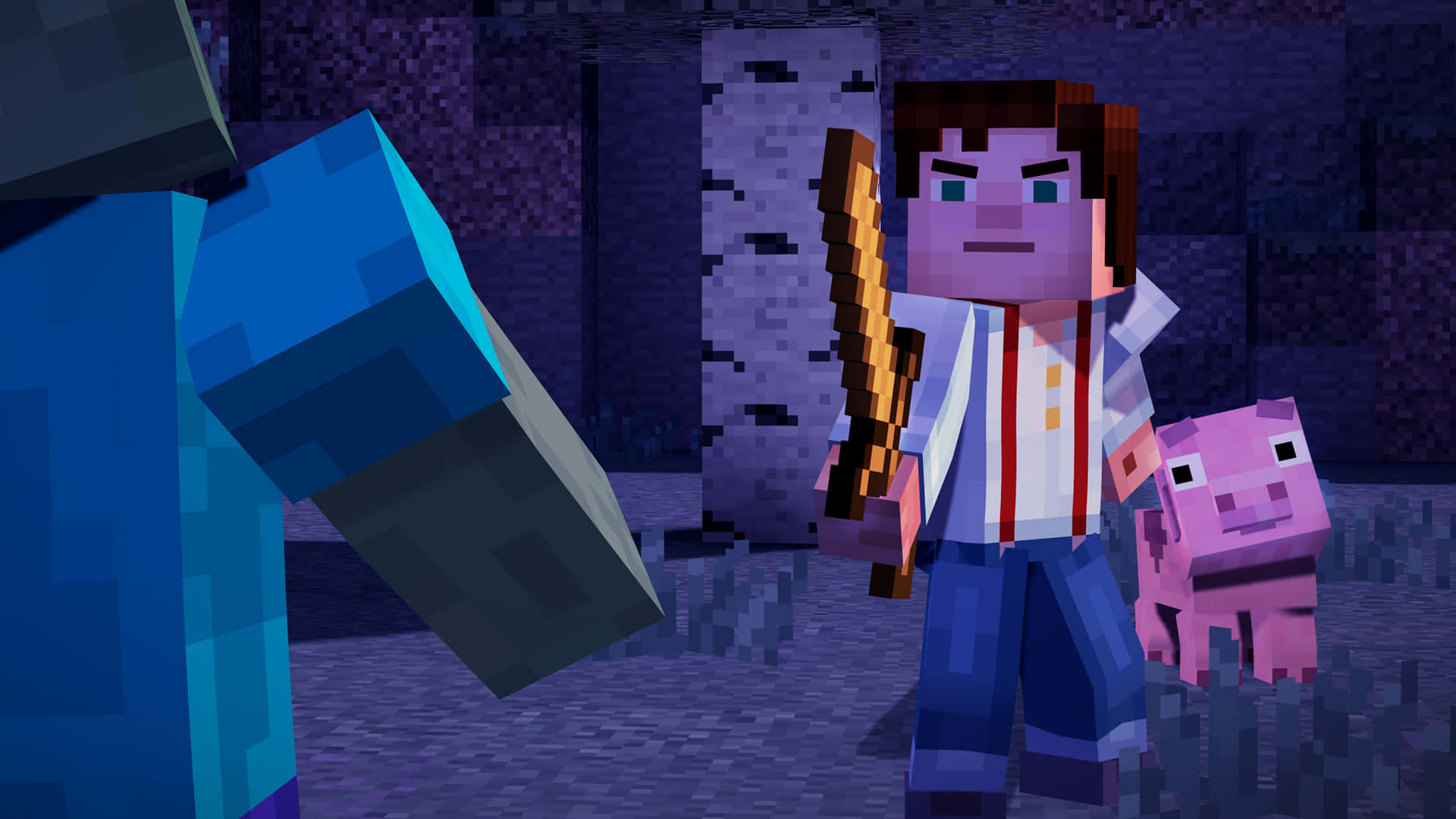 Minecraft Story Mode 桌布 壁紙 — 一個像素化的Minecraft角色與一隻豬站在昏暗的洞穴中，手持火炬，旁邊有一隻巨大的藍色生物。