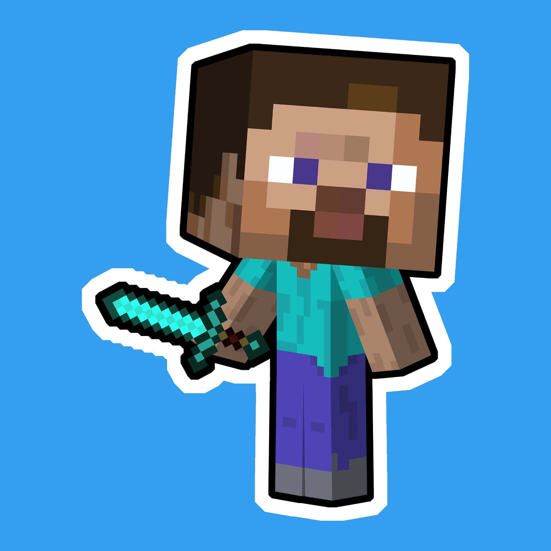 Minecraft Fan Art 桌布 壁紙 — 一個像素化的Minecraft角色，棕色頭髮和鬍鬚，手持發光的鑽石劍，背景為純藍色。