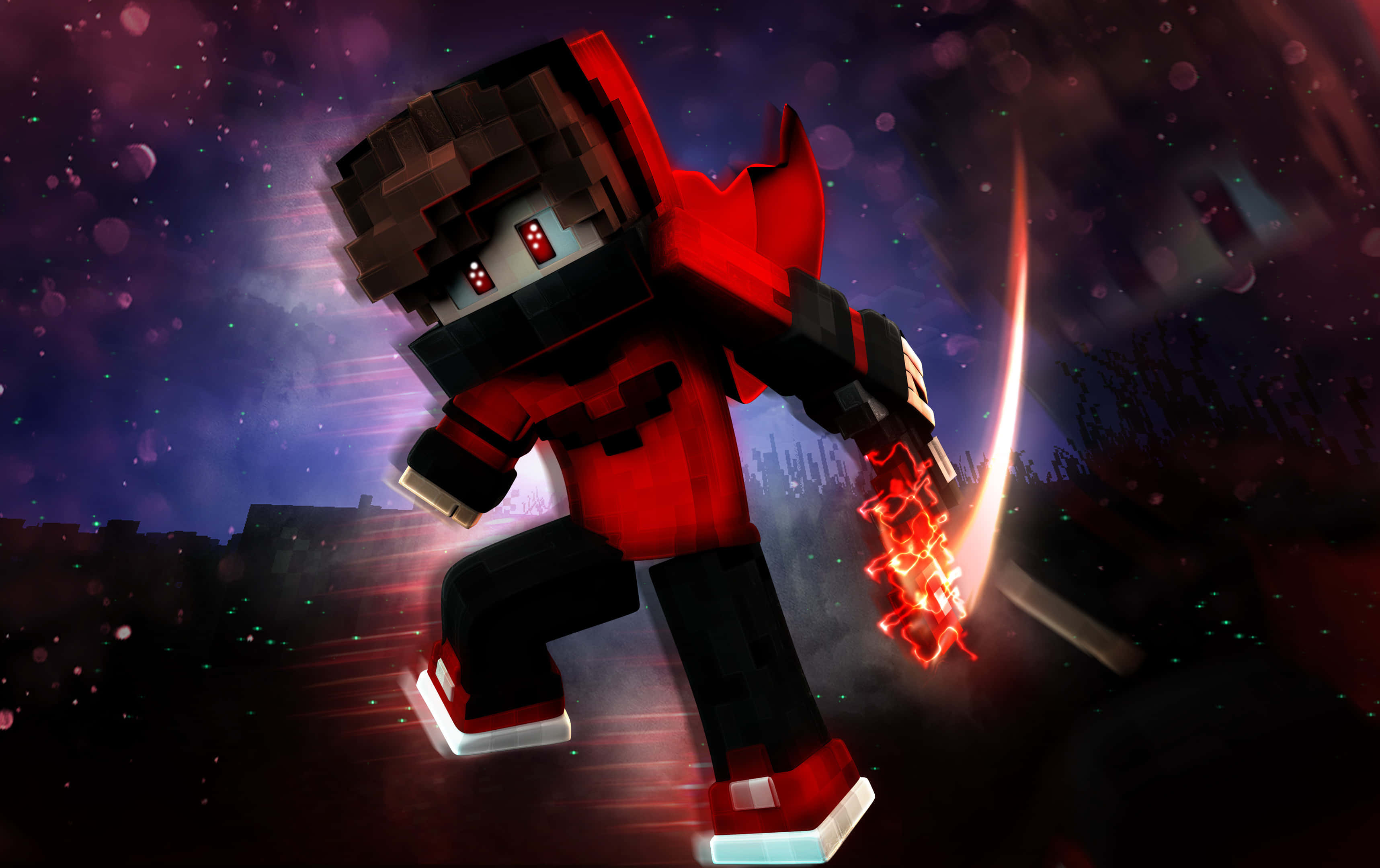 Minecraft Youtubers 桌布 壁紙 — 一個像素化的Minecraft角色穿著紅色盔甲，在宇宙星空背景下揮舞著發光的劍。