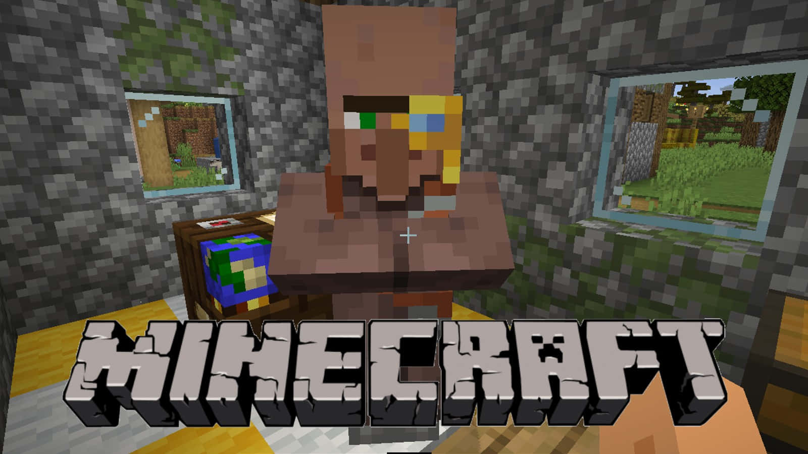 Minecraft Villager 桌布 壁紙 — 一個像素化的Minecraft角色站在一個石牆房間內，前景有裱框圖片和遊戲標誌。