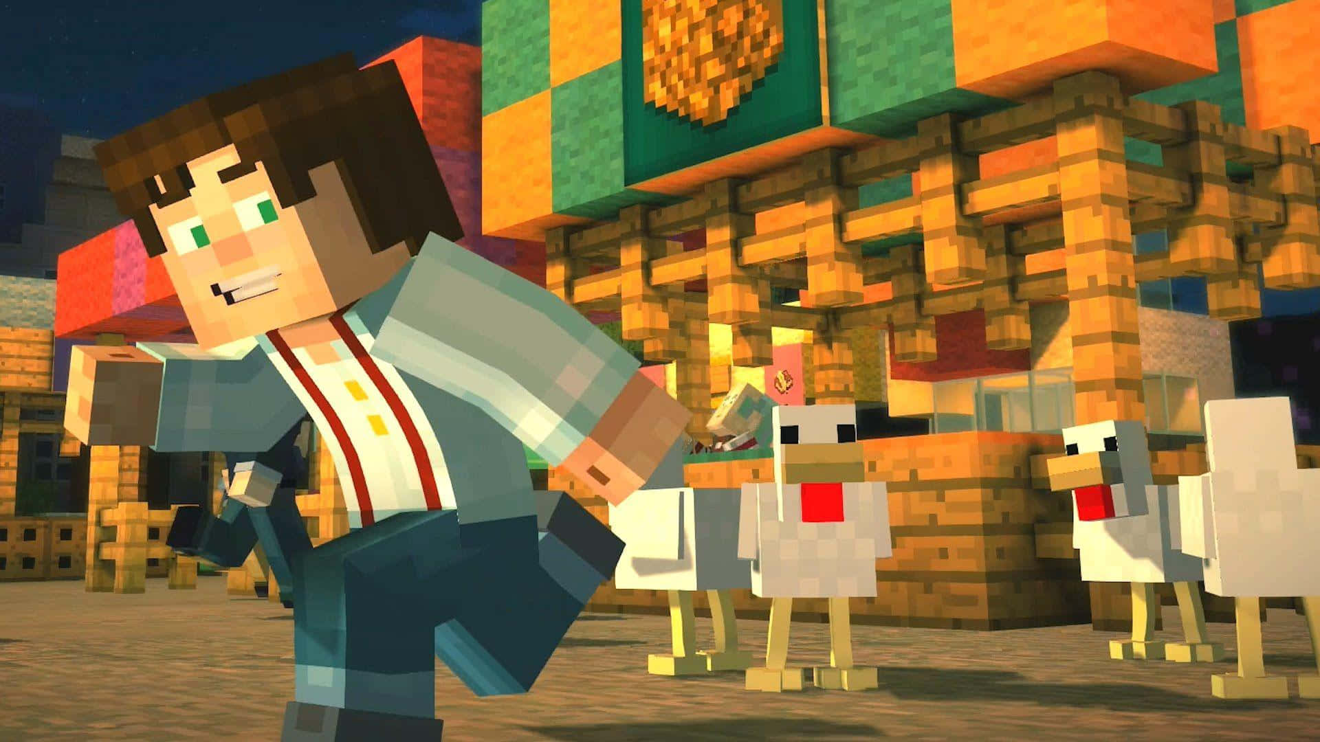 Minecraft Story Mode 桌布 壁紙 — 一個像素化的Minecraft角色在日落時分快樂地跑過色彩繽紛的方塊村莊中的雞群。