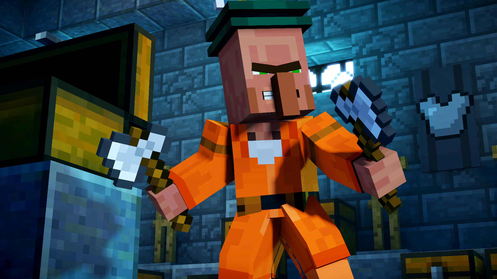 Minecraft Story Mode 桌布 壁紙 — 一個像素化的Minecraft角色穿著橙色盔甲，在石頭地牢中揮舞著鑽石劍和斧頭。