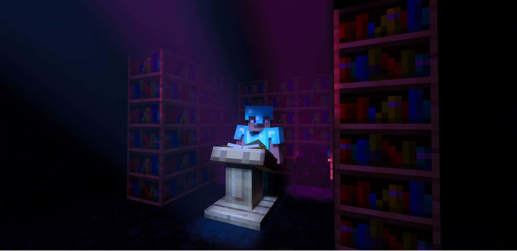 Minecraft Armor 桌布 壁紙 — 一個像素化的Minecraft角色坐在石桌旁，身處一個被紫色和藍色燈光籠罩的昏暗圖書館中。