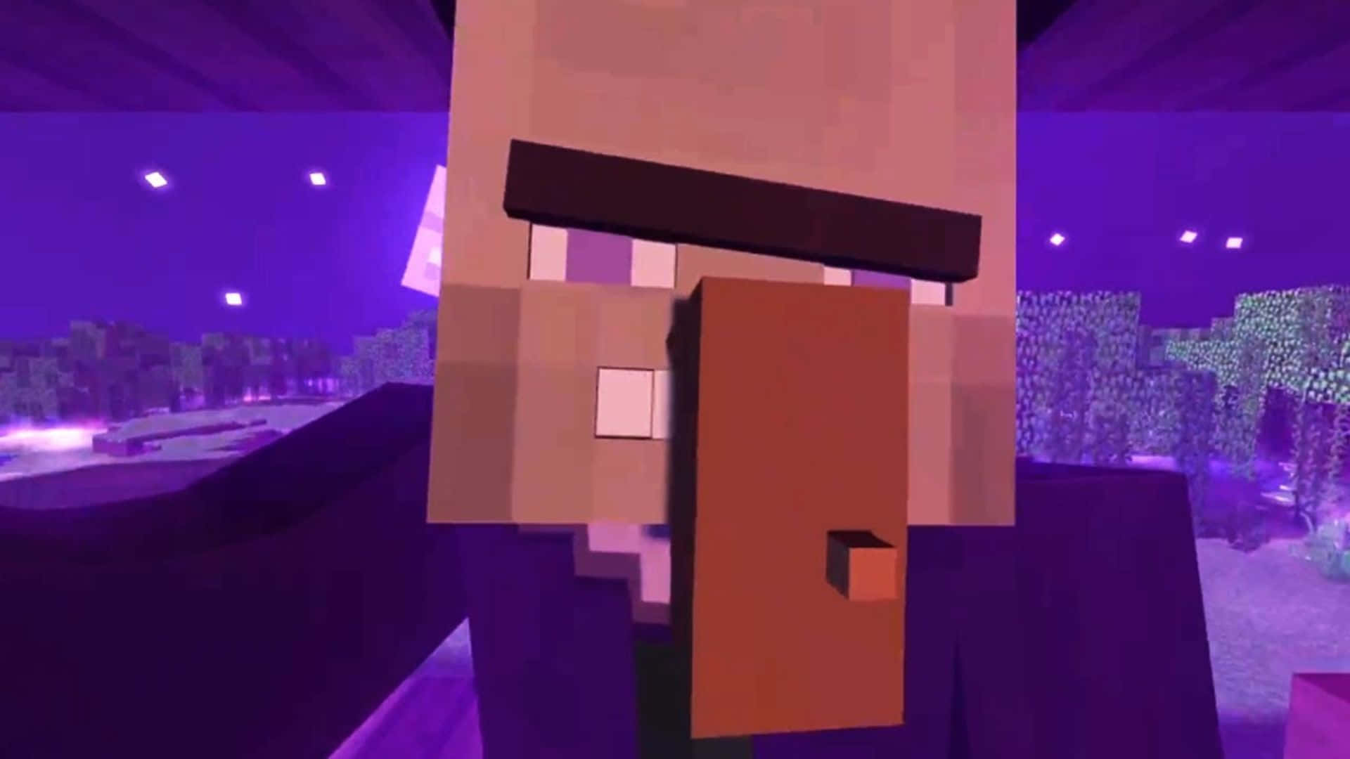 Minecraft Witch 桌布 壁紙 — 一個像素化的Minecraft角色站在紫色調的夜間景觀中，周圍有發光的樹木和遠處的建築。