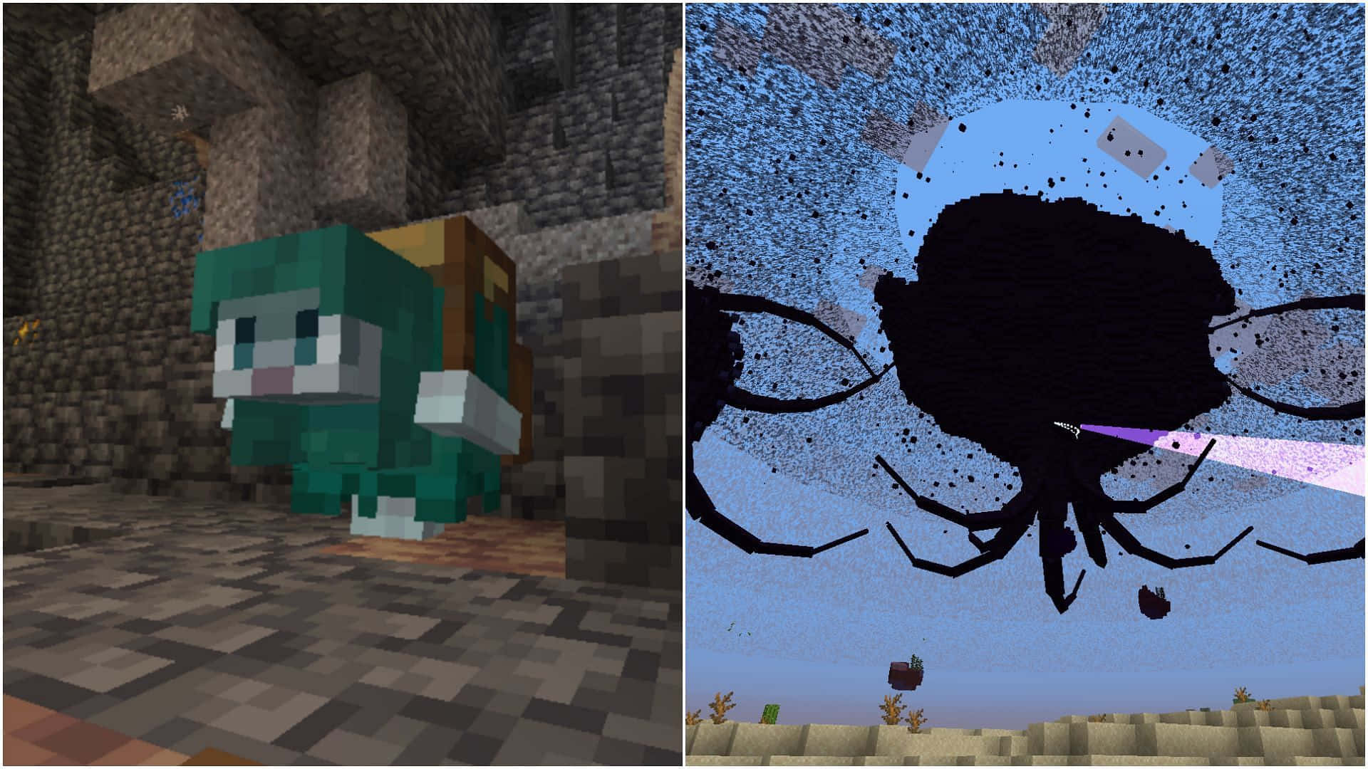 Minecraft Mods 桌布 壁紙 — 一個像素化的Minecraft角色站在石洞中，旁邊是一隻發出紫色光芒的巨型黑色蜘蛛，場景為方塊狀的水下場景。