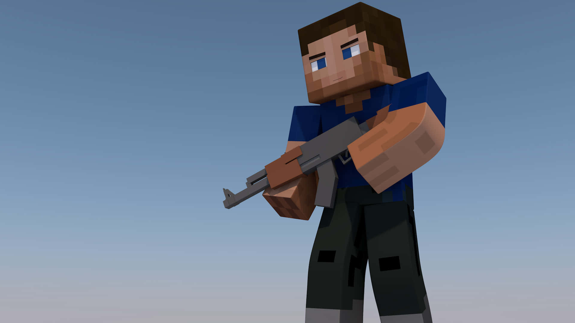 Minecraft Weapons 桌布 壁紙 — 一個像素化的Minecraft角色在漸變天空背景下持步槍。
