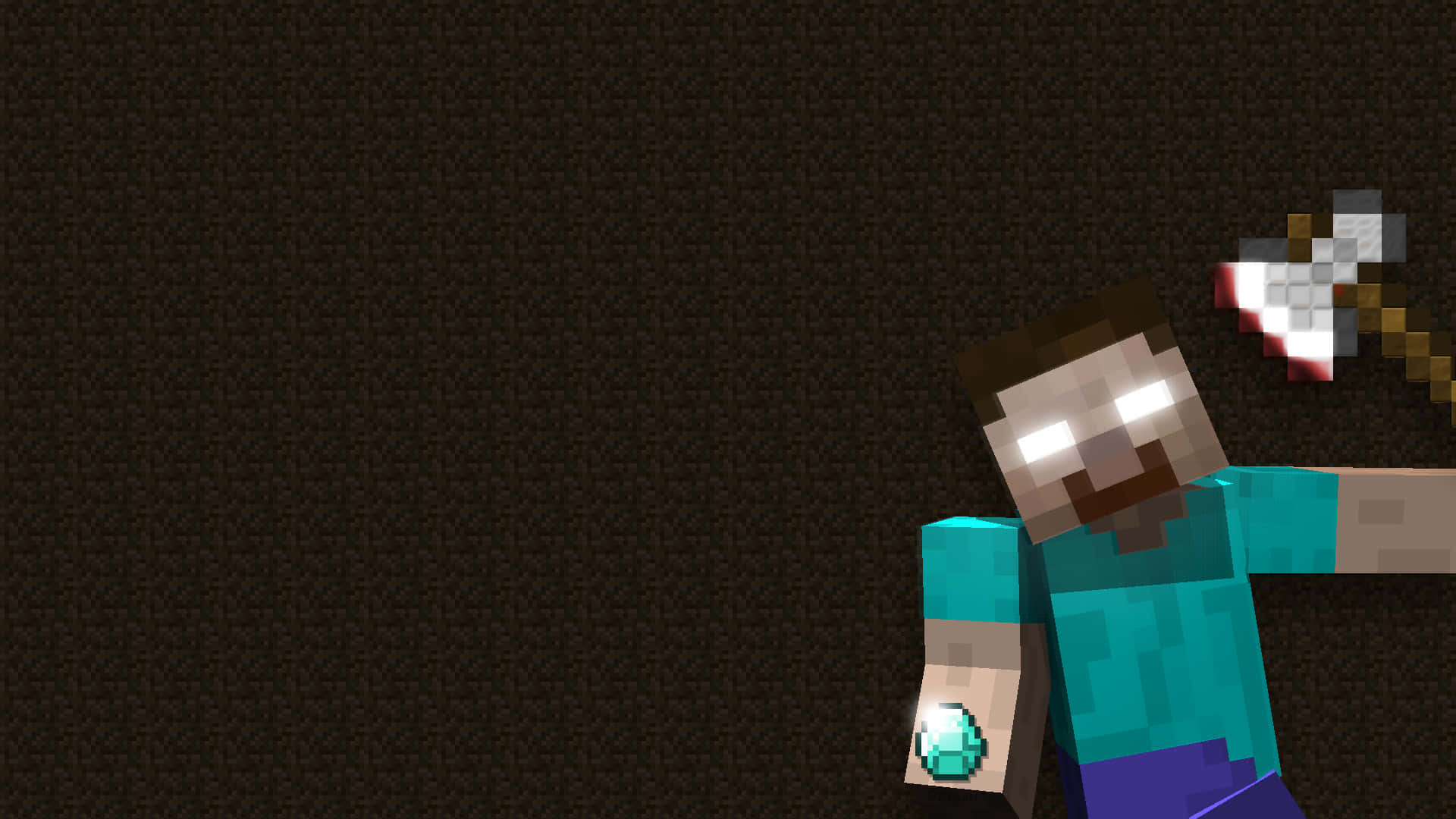 Herobrine 桌布 壁紙 — 一個像素化的Minecraft角色，擁有發光的眼睛和鑽石裝備，站在深色紋理背景前。