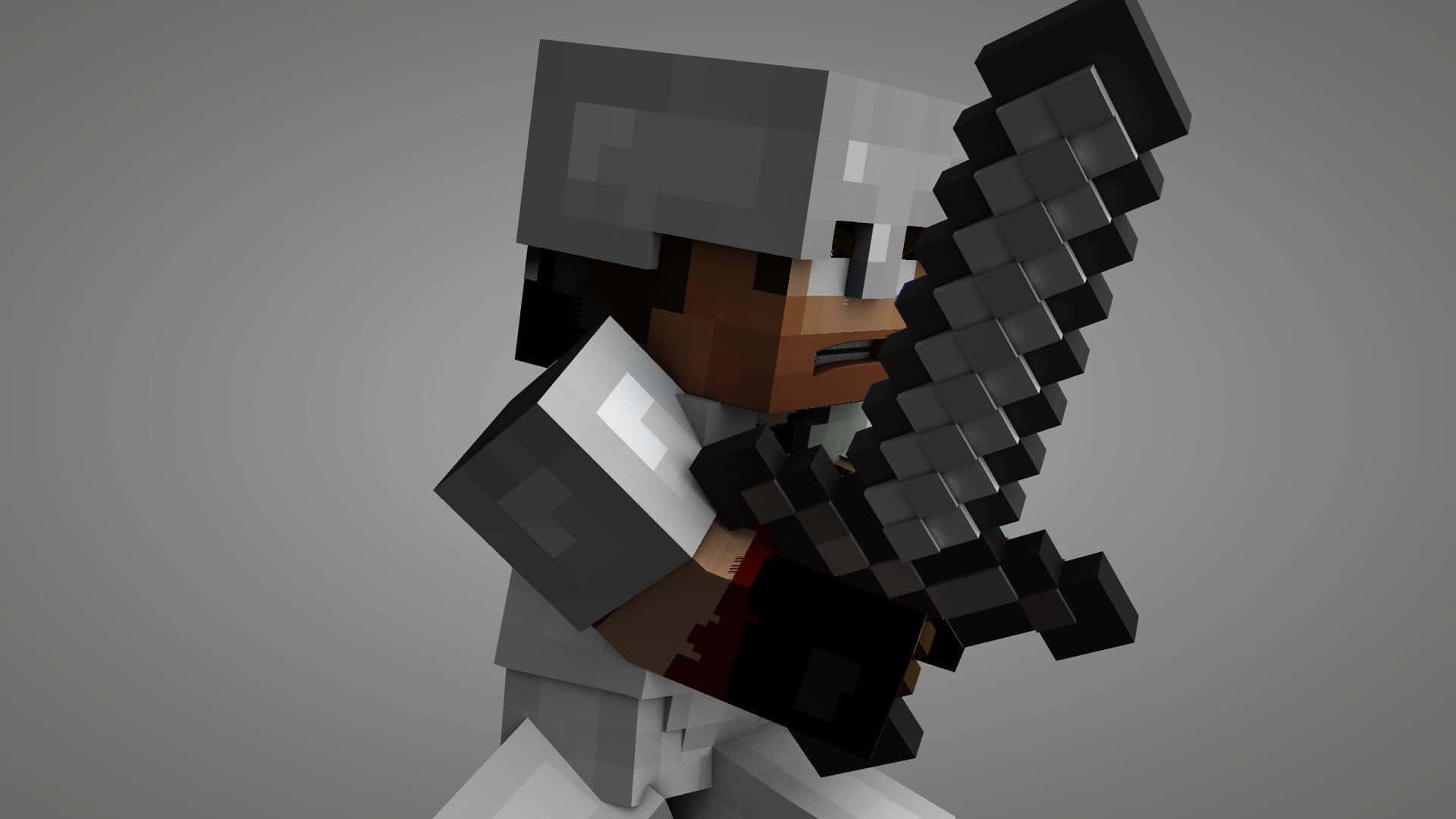 Minecraft Armor 桌布 壁紙 — 一個像素化的Minecraft角色，戴著灰色頭盔，在漸變灰色背景上揮舞著一把黑色劍。