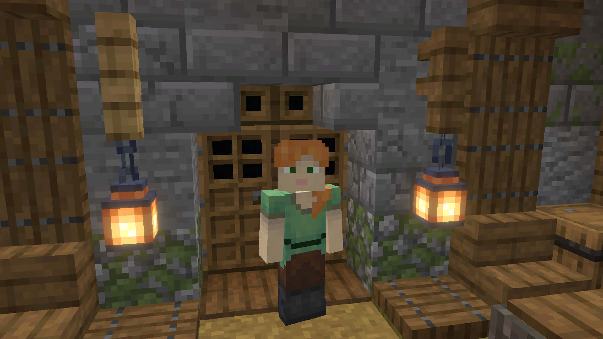 Minecraft Alex 桌布 壁紙 — 一個像素化的Minecraft角色站在由掛燈照亮的石頭和木門口中。