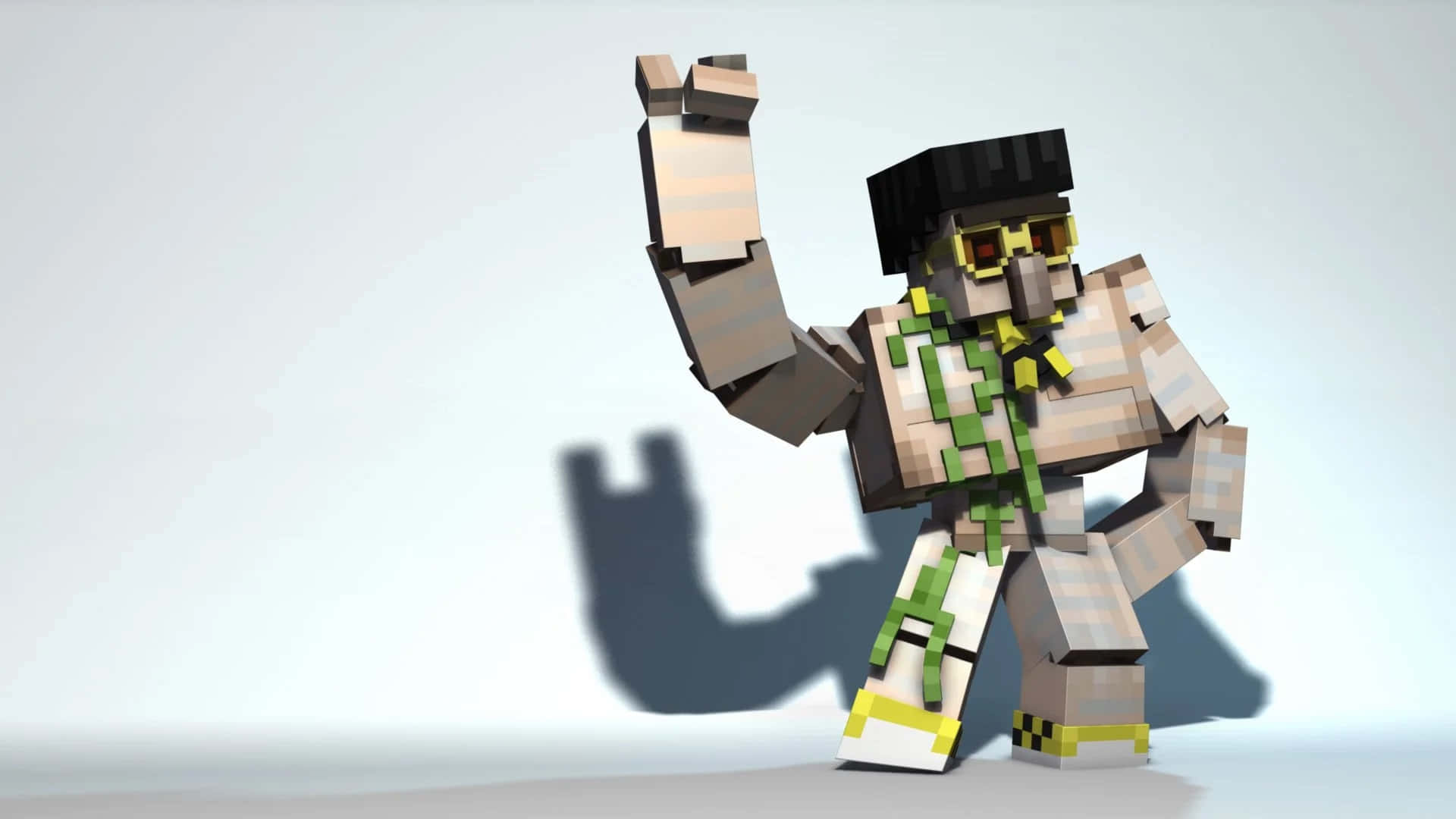 Minecraft Iron Golem 桌布 壁紙 — 一個像素化的Minecraft角色，戴着太陽眼鏡和綠色圍巾，在純白色背景上熱情地揮手。