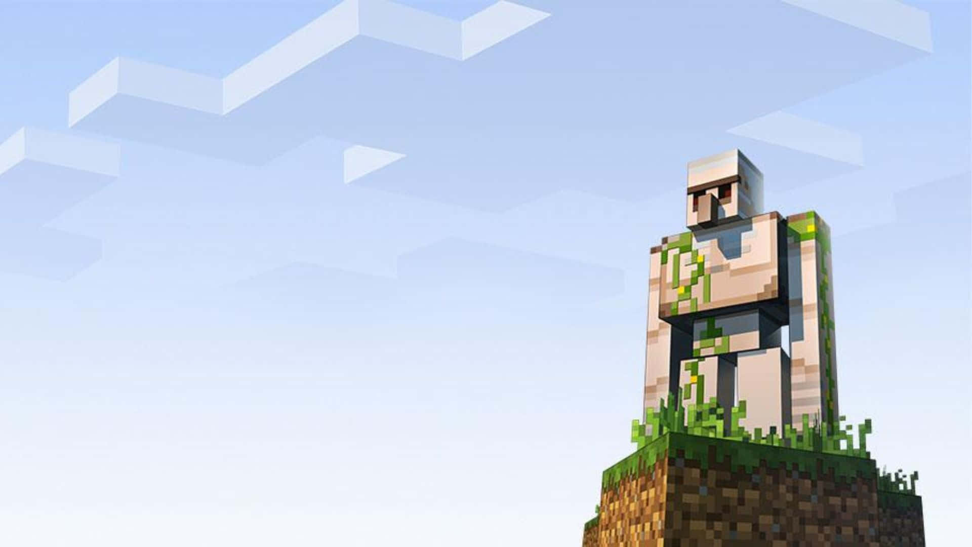 Minecraft Iron Golem 桌布 壁紙 — 一個像素化的Minecraft角色站在草塊上，背景是清澈的藍天和方塊狀的雲朵。