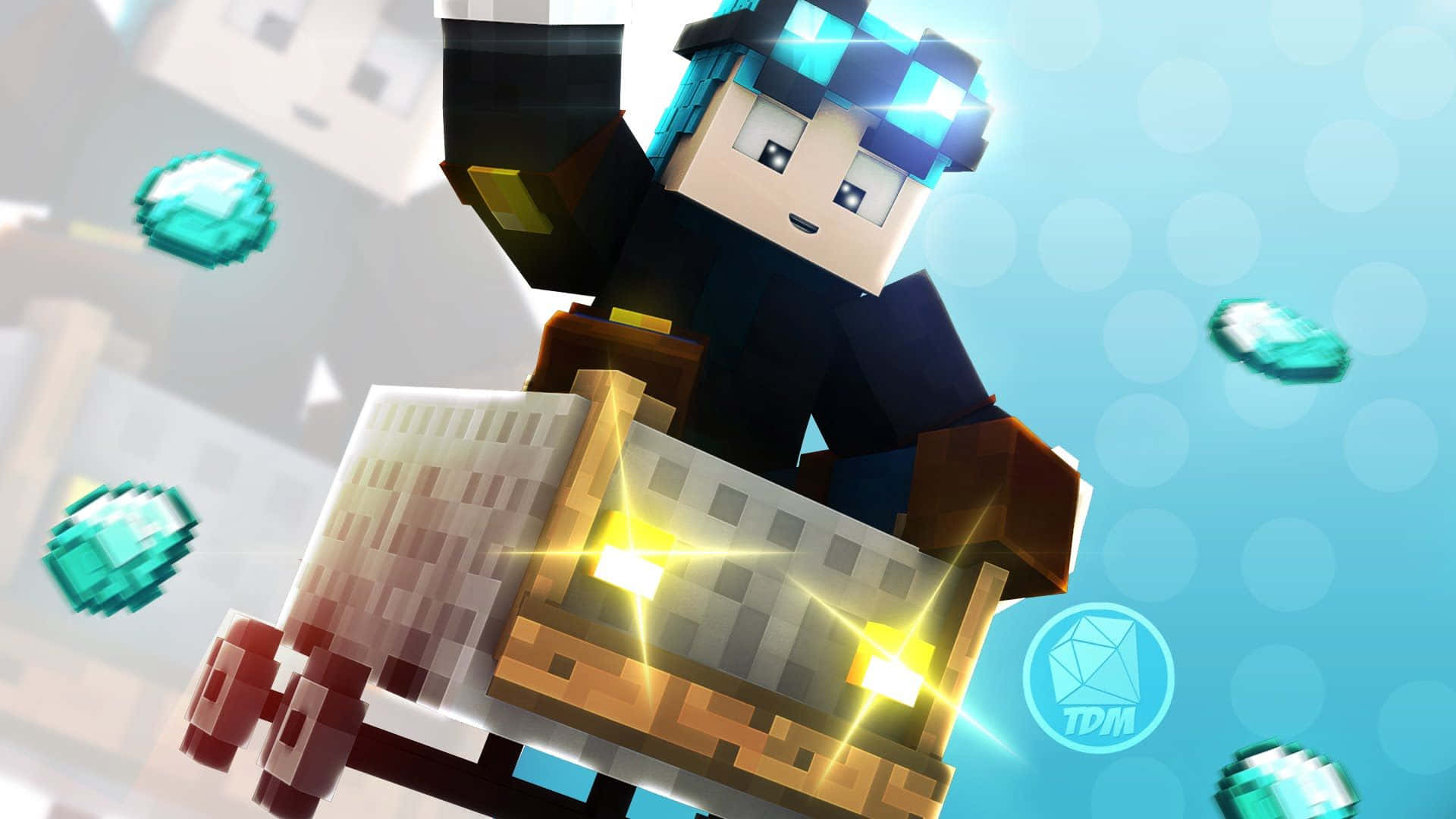 最佳 Minecraft 桌布 壁紙 — 一個像素化的Minecraft角色騎著發光的礦車穿過明亮的藍天，周圍漂浮著鑽石。