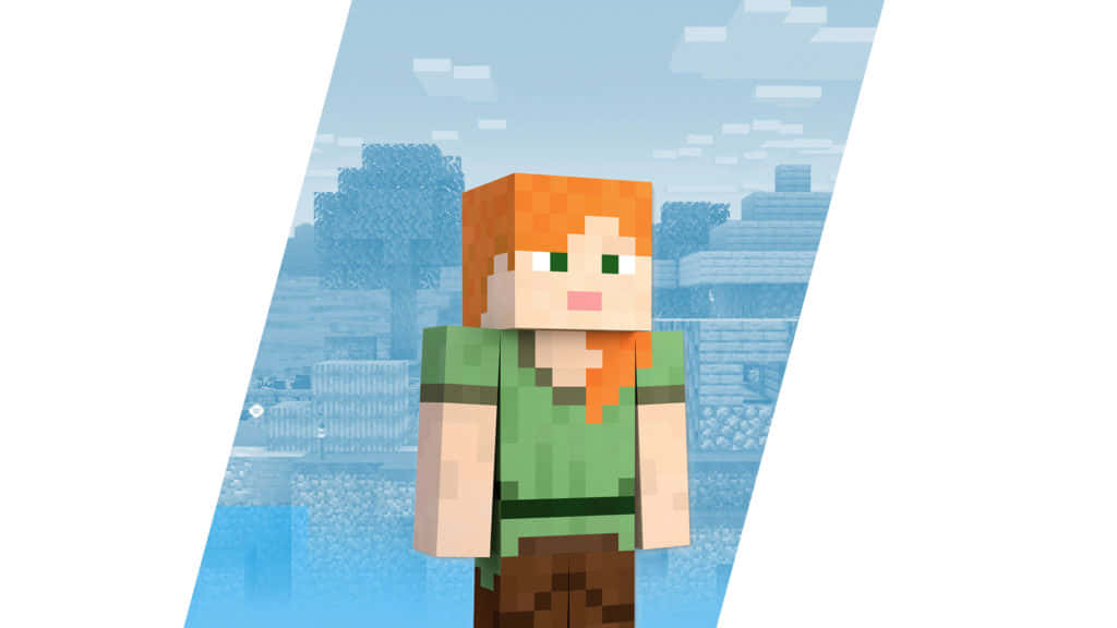 Minecraft Alex 桌布 壁紙 — 一個像素化的Minecraft角色，橙色頭髮和綠色襯衫，站在模糊的方塊風景前，背景是淺藍色的天空。