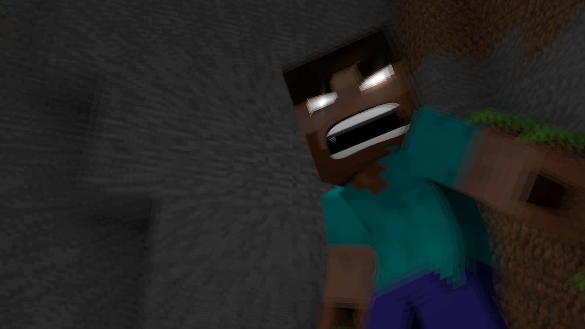 Herobrine 桌布 壁紙 — 一個像素化的Minecraft角色，眼睛發光，從黑暗的洞穴入口向下凝視。