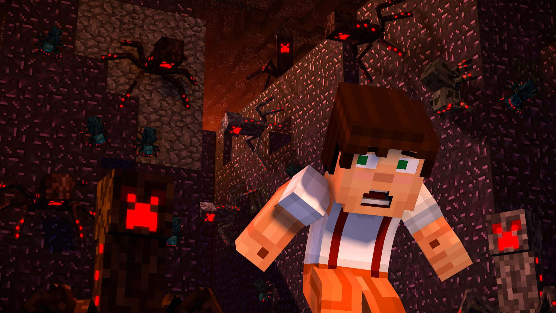 Minecraft Story Mode 桌布 壁紙 — 一個像素化的Minecraft角色在洞穴中，被敵對的蜘蛛和苦力怕包圍，牠們的眼睛發出紅光。