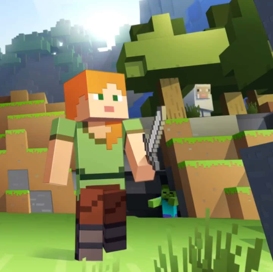 Minecraft Alex 桌布 壁紙 — 一個像素化的Minecraft角色，橙色頭髮，站在方塊森林中，手持劍，附近有一隻羊和一個殭屍。