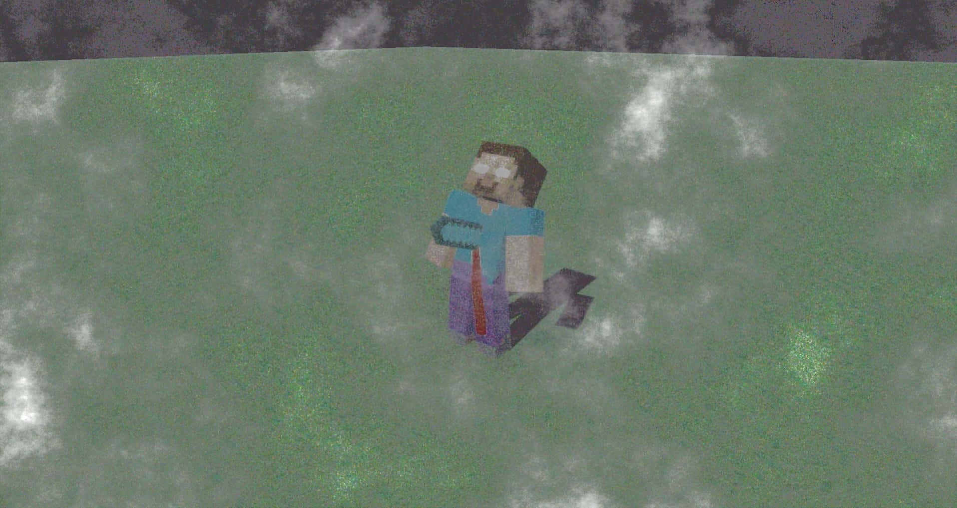 Herobrine 桌布 壁紙 — 一個像素化的Minecraft角色站在多雲天空下霧氣瀰漫的綠色田野中。