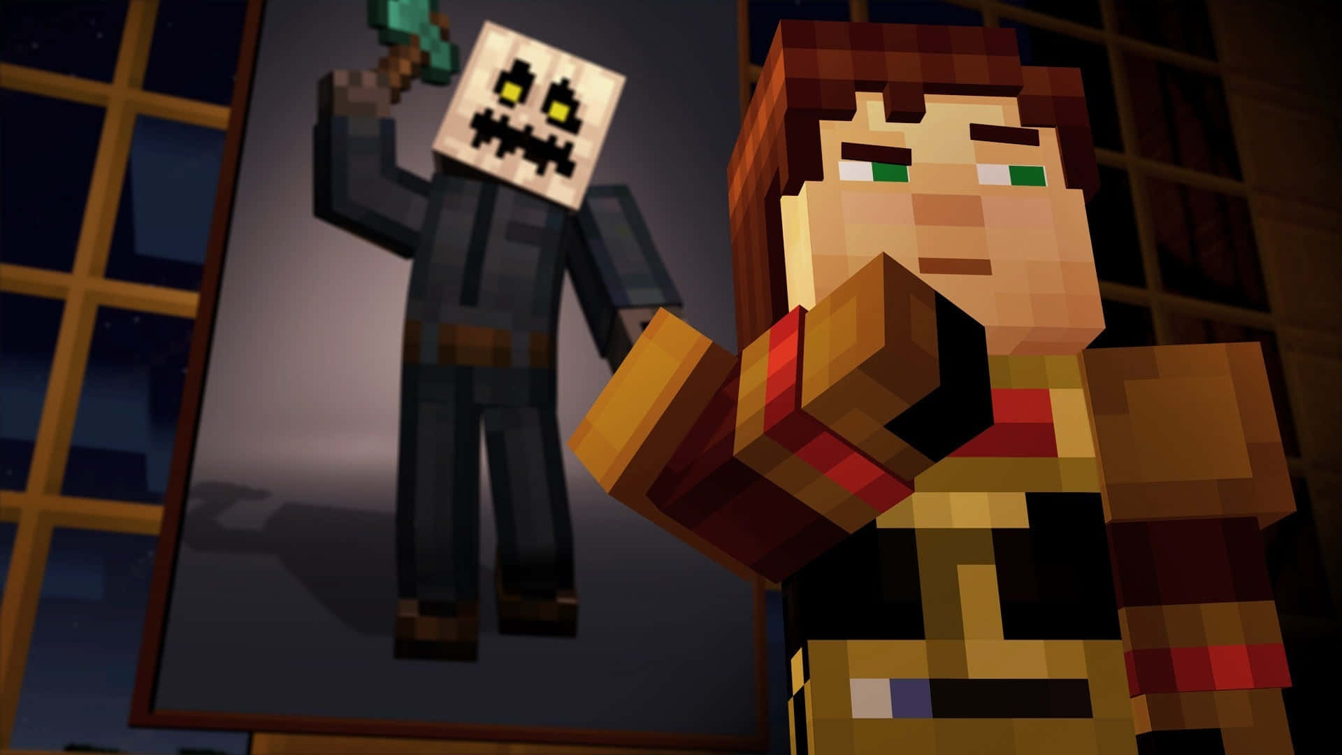 Minecraft Story Mode 桌布 壁紙 — 一個像素化的Minecraft角色夜晚站在一個拿著鎬的骷髏的裱框圖片前。