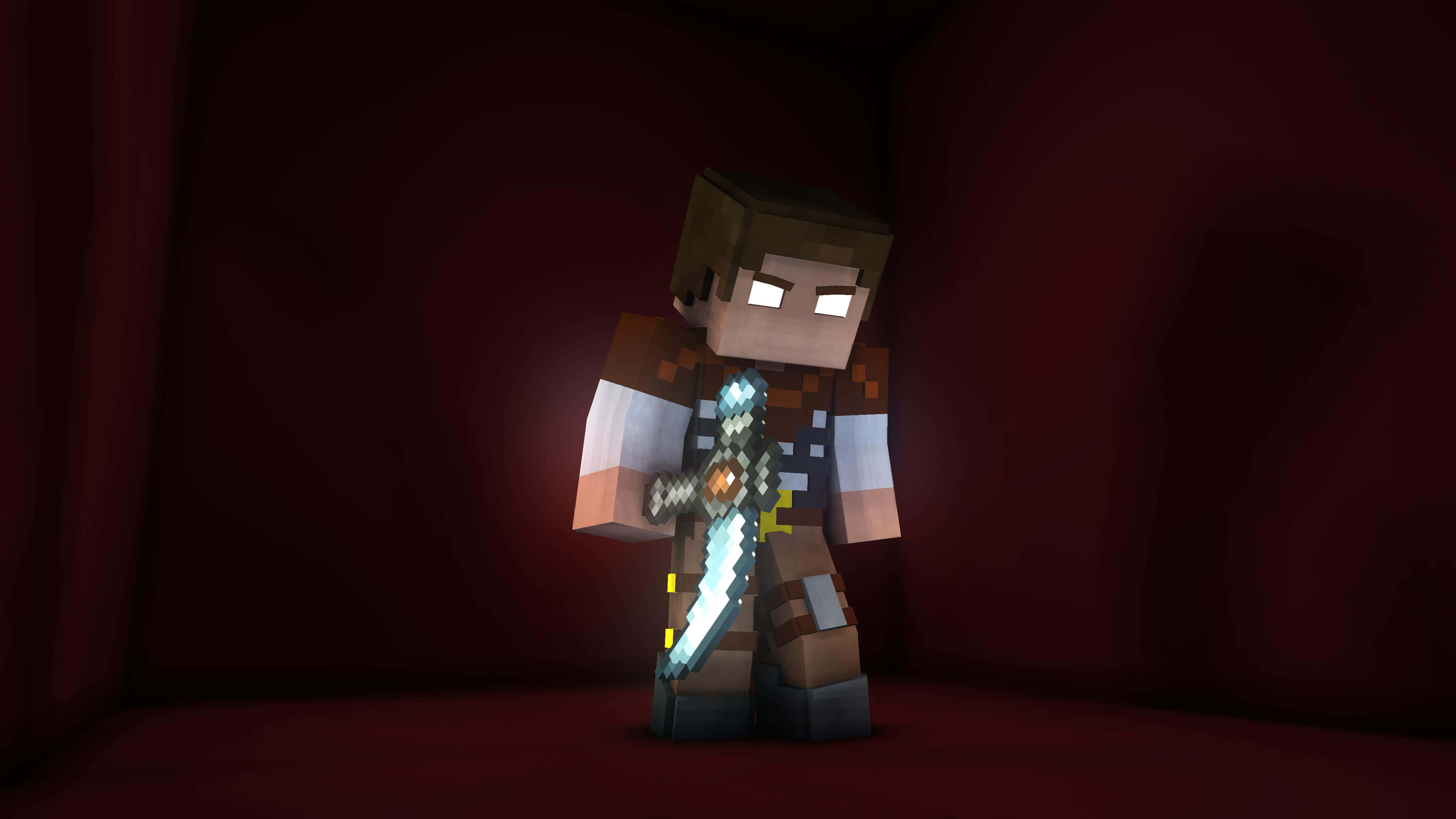 Herobrine 桌布 壁紙 — 一個像素化的Minecraft角色站在昏暗的紅色洞穴中，手持發光的鑽石劍。