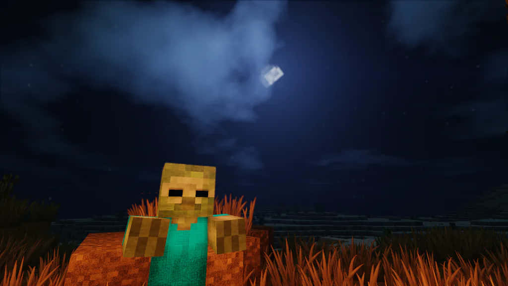 Minecraft Zombie 桌布 壁紙 — 一個像素化的Minecraft角色站在高高的草叢中，下方是星光燦爛的夜空，有發光的月亮和飄動的雲朵。