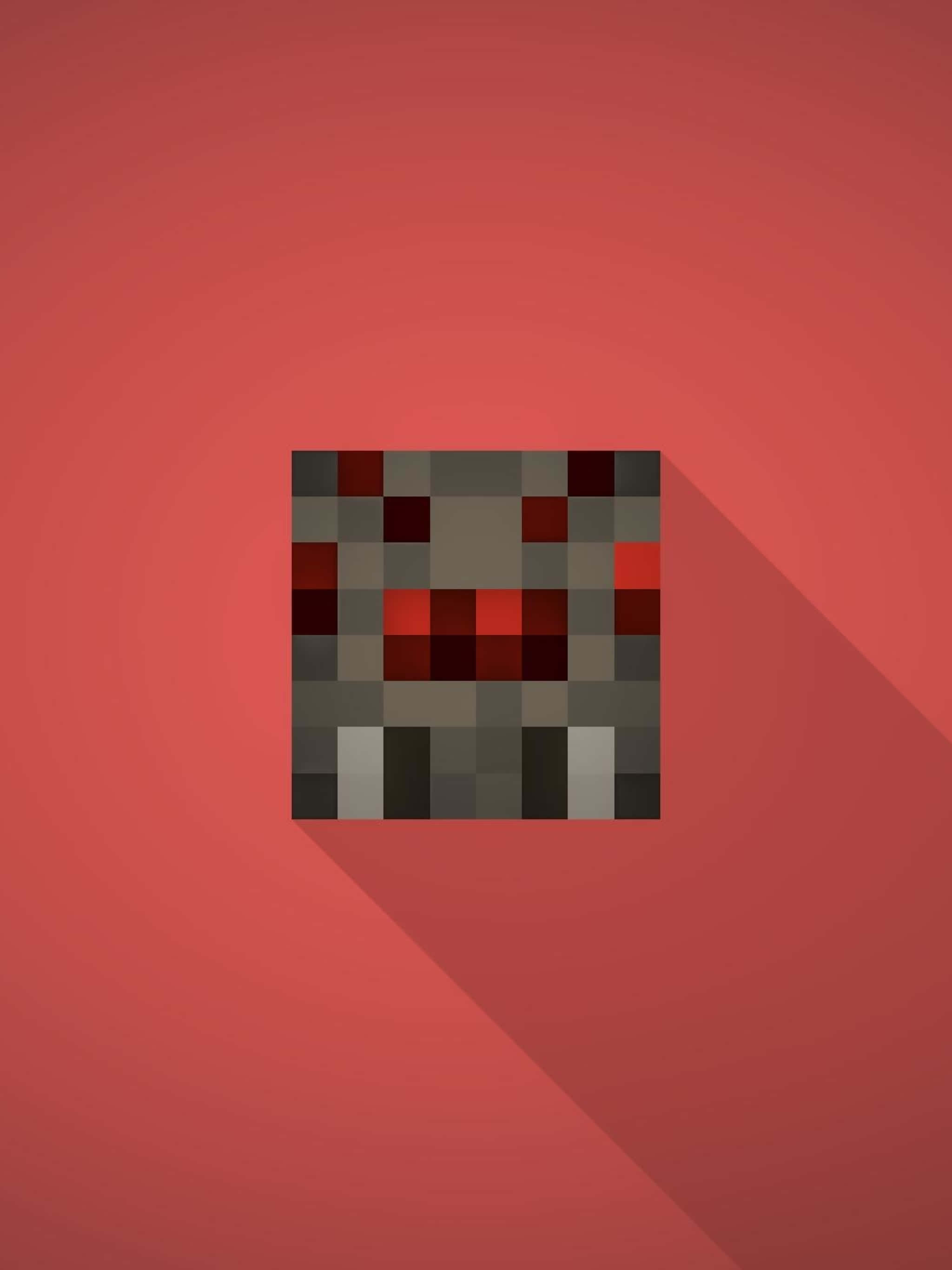 Minecraft Redstone 桌布 壁紙 — 一個像素化的Minecraft豬頭，紅色眼睛，在漸變紅色背景上投下長長的影子。