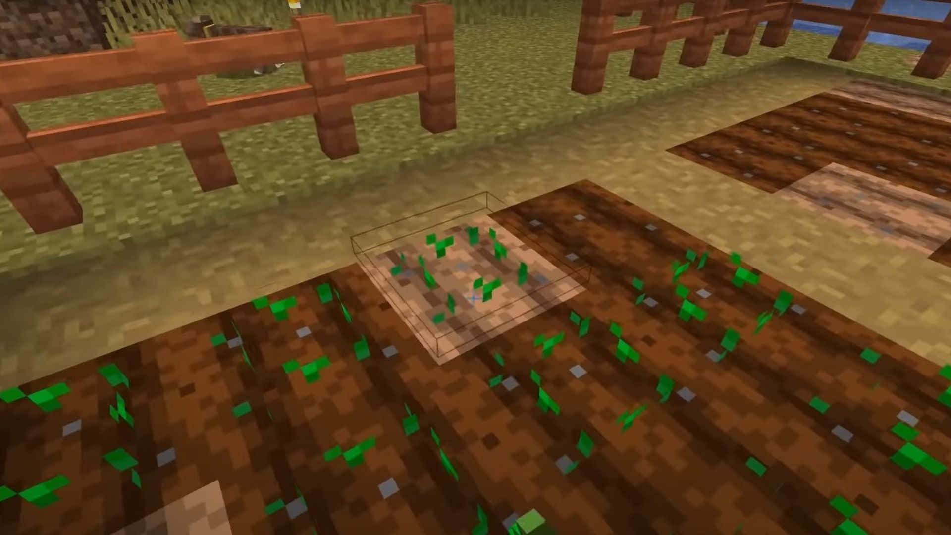 Minecraft Farming 桌布 壁紙 — 一個像素化的Minecraft農場，年輕的綠色作物在翻過的棕色土壤中生長，旁邊有木柵欄。