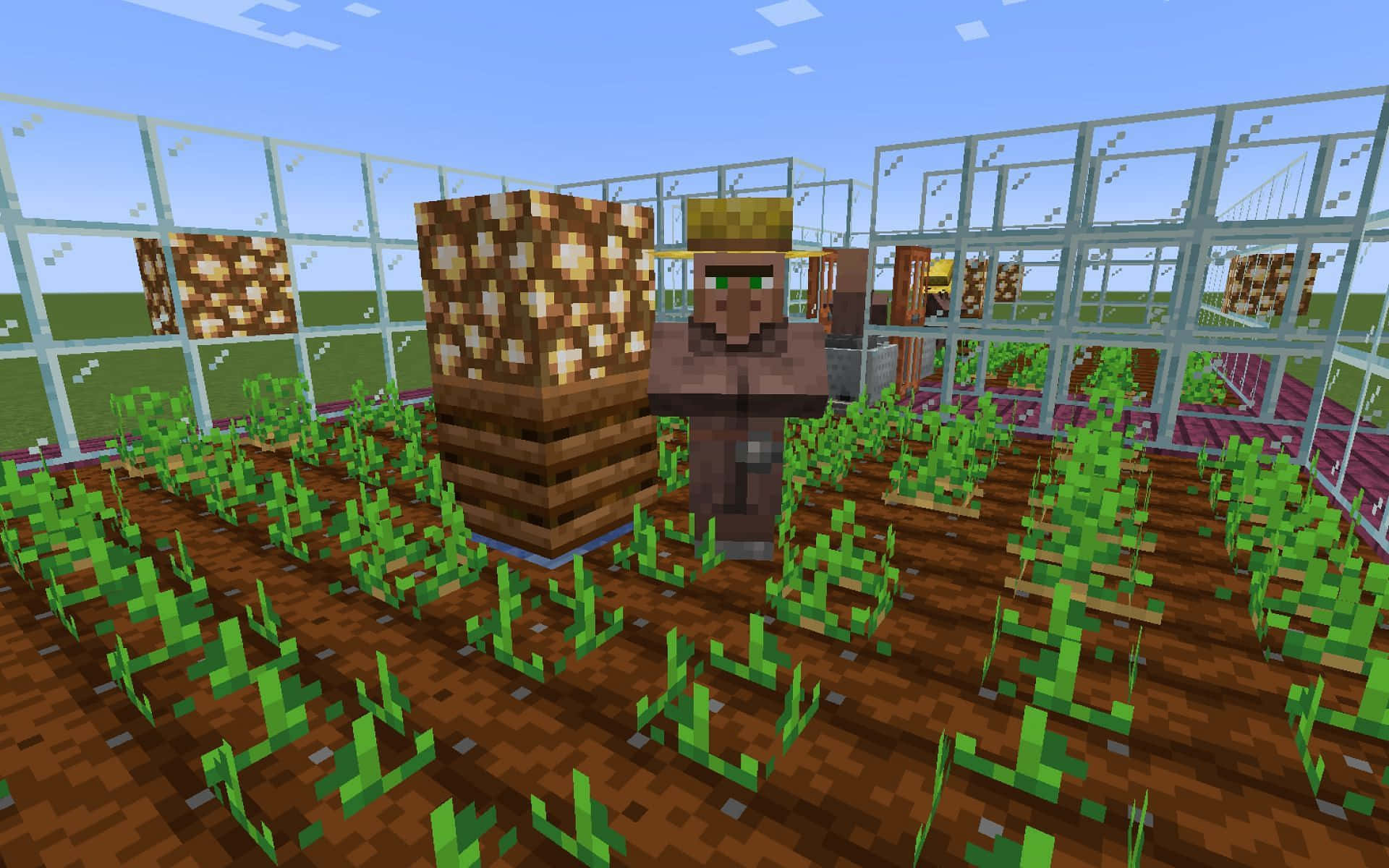 Minecraft Farming 桌布 壁紙 — 一個像素化的Minecraft農夫站在玻璃溫室中，在晴朗的藍天下照料一排排綠色作物。