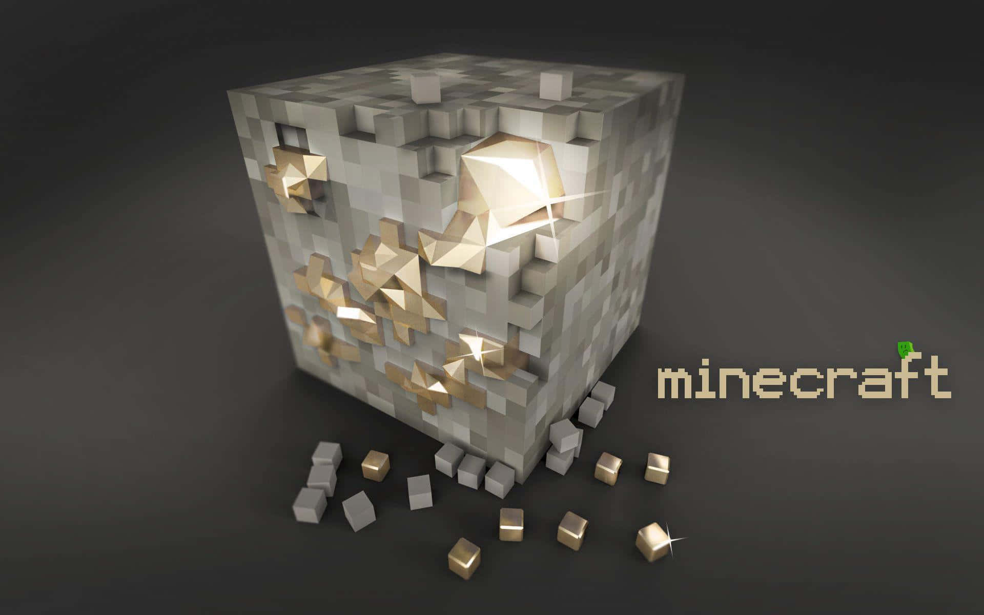 型格 Minecraft 桌布 壁紙 — 一個像素化的Minecraft金磚，表面嵌有發光的金錠，並散落在黑暗背景上。