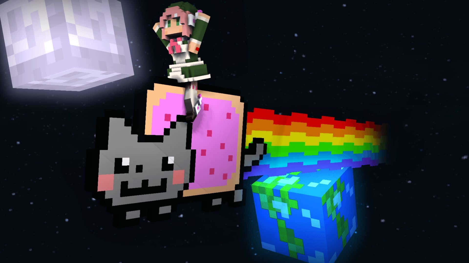 彩虹貓 桌布 壁紙 — 一個像素化的Minecraft風格女孩騎著Nyan Cat穿越太空，帶有彩虹軌跡和漂浮方塊。