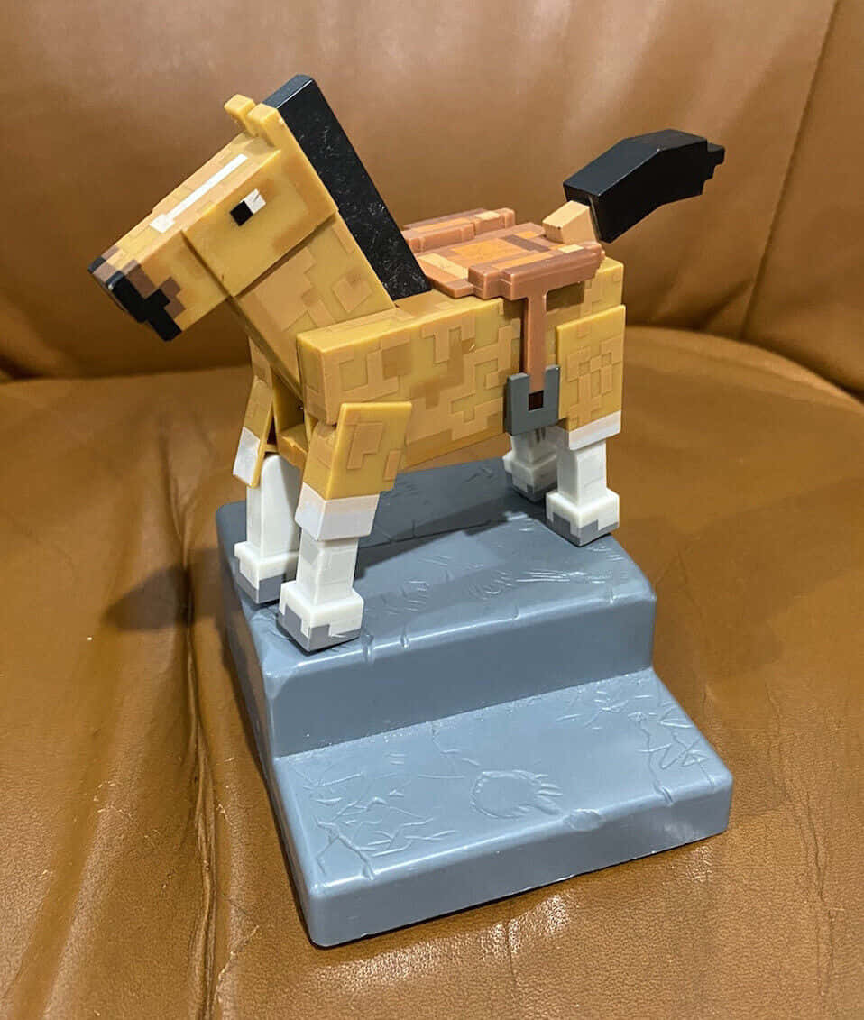 Minecraft Horses 桌布 壁紙 — 一個像素化的Minecraft馬公仔站在灰色底座上，背景是棕色皮革。