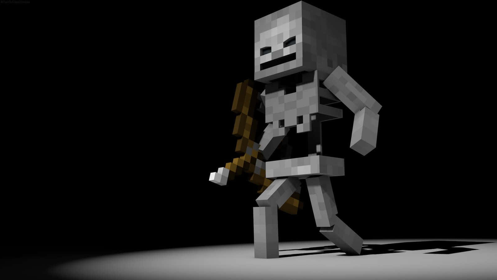 Minecraft Skeleton 桌布 壁紙 — 一個像素化的Minecraft骷髏站在黑色背景的聚光燈下，手持弓箭。