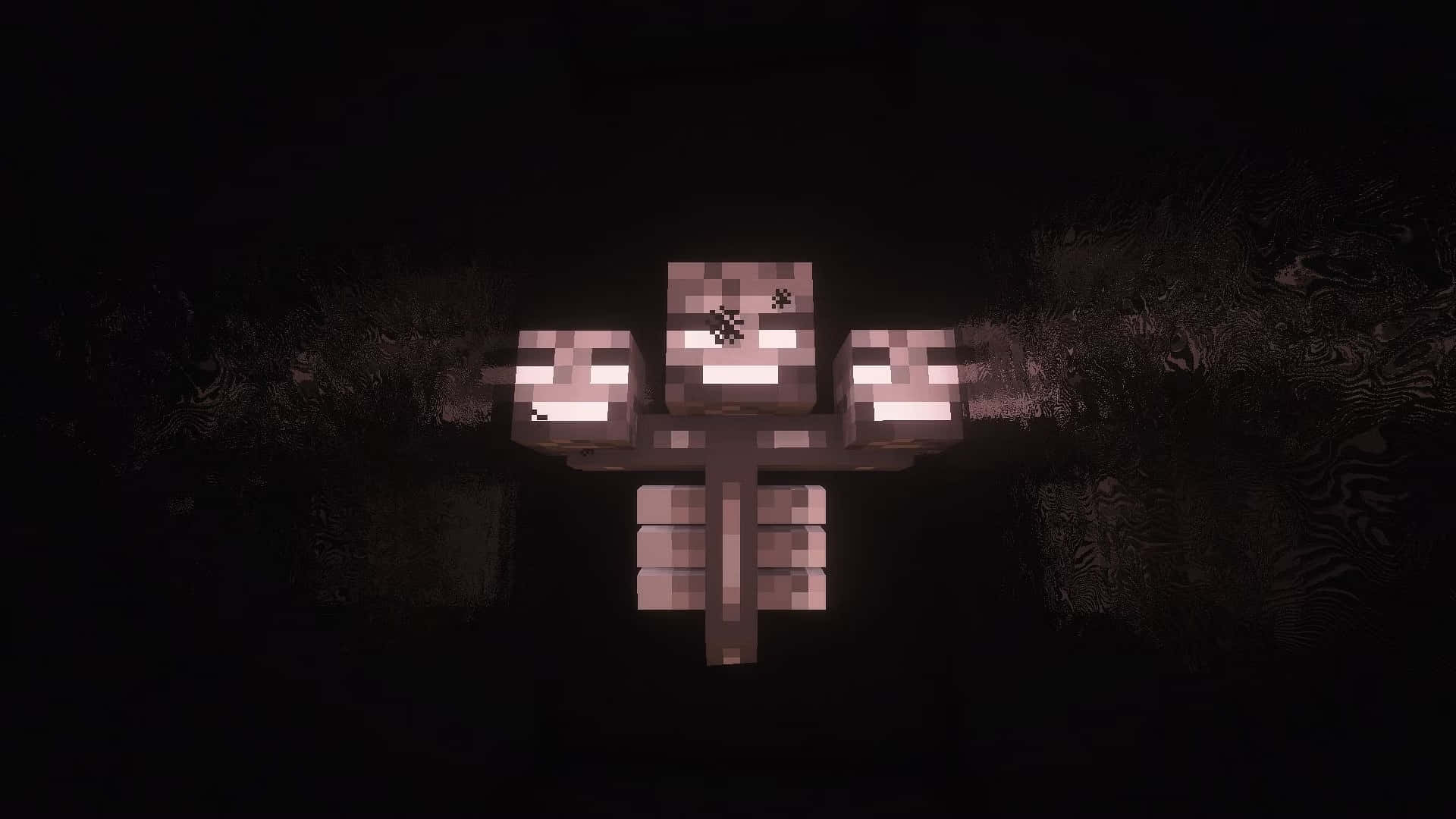 Minecraft Wither 桌布 壁紙 — 一個像素化的Minecraft骷髏在夜晚的黑暗森林中發光，背景有樹葉。