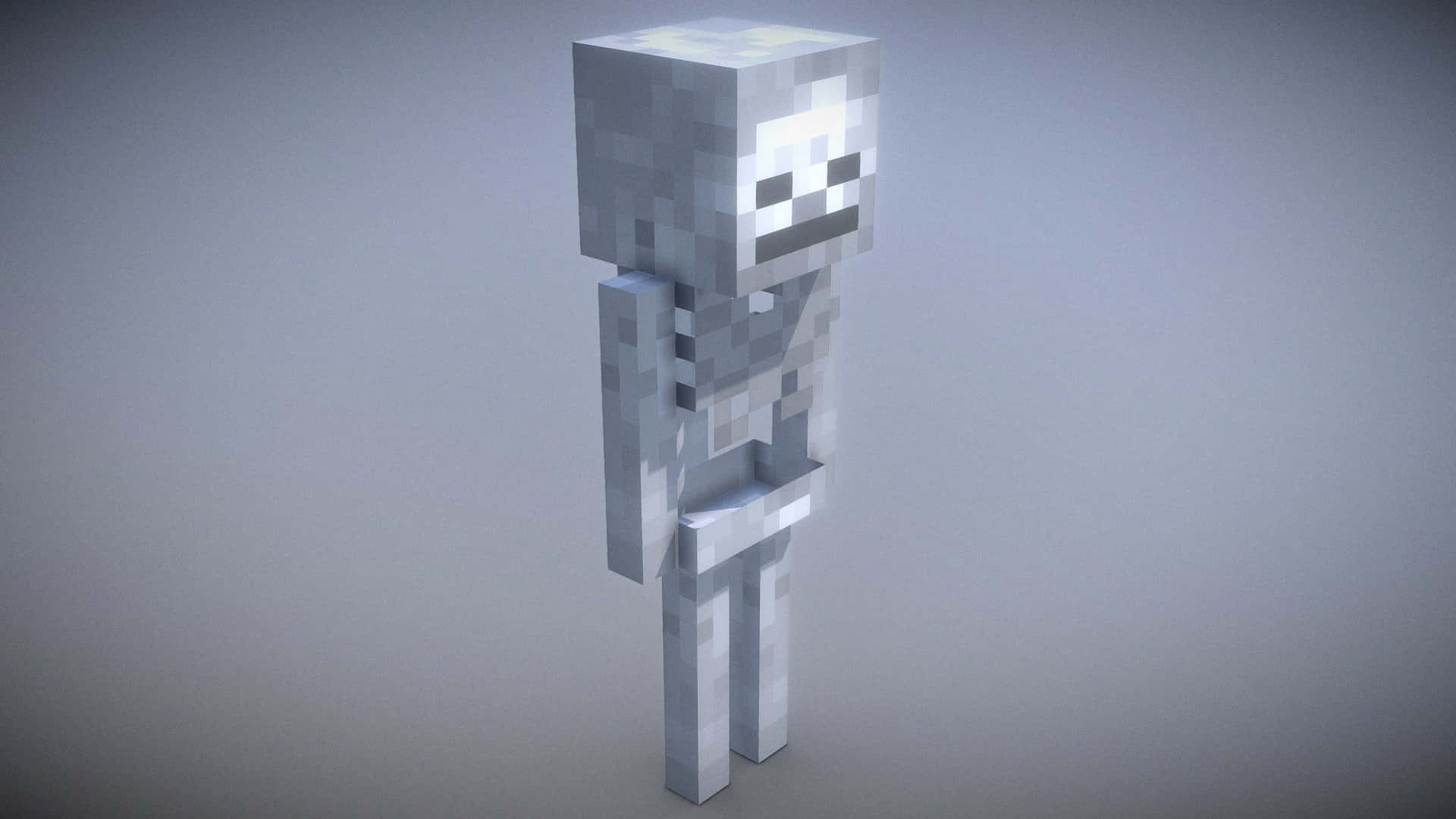 Minecraft Skeleton 桌布 壁紙 — 一個像素化的Minecraft骷髏，發光的骷髏臉，直立在純灰色背景前。