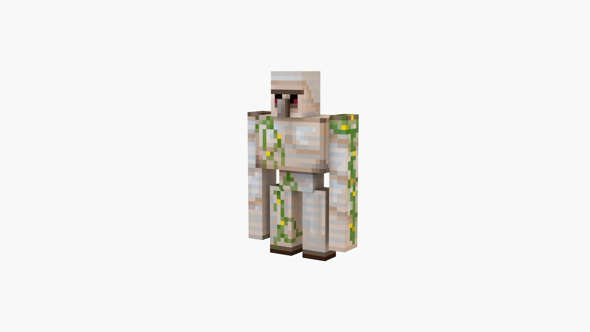 Minecraft Iron Golem 桌布 壁紙 — 一個像素化的Minecraft骷髏，其米色盔甲上長著綠色藤蔓，站在純白色背景前。