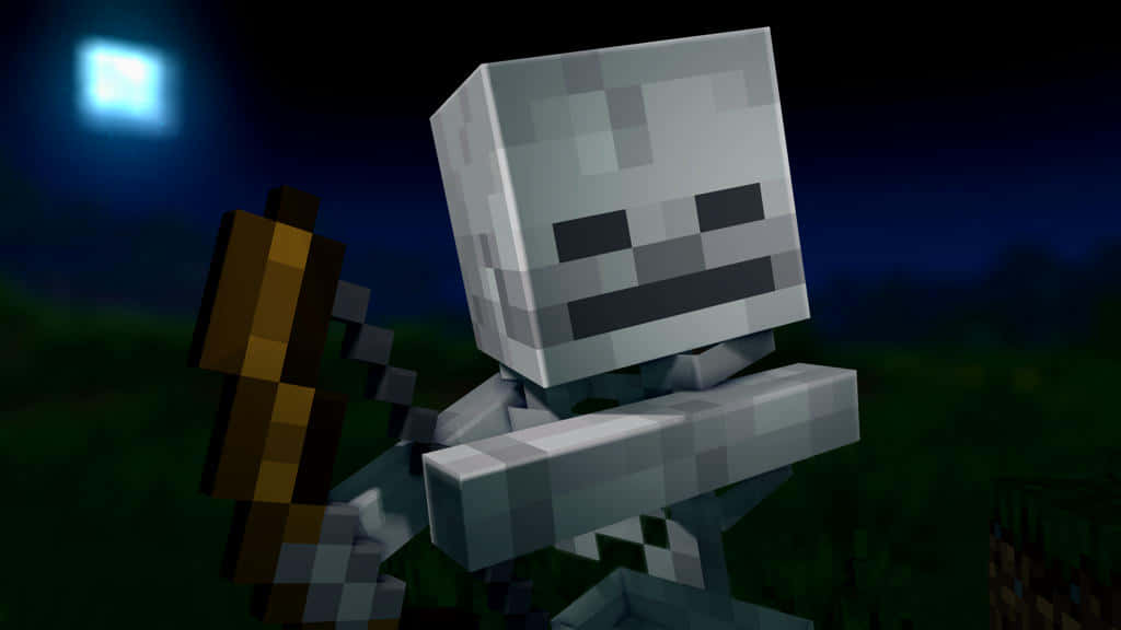 Minecraft Skeleton 桌布 壁紙 — 一個像素化的Minecraft骷髏在黑暗的夜晚森林中，在發光的月亮下拿著弓。