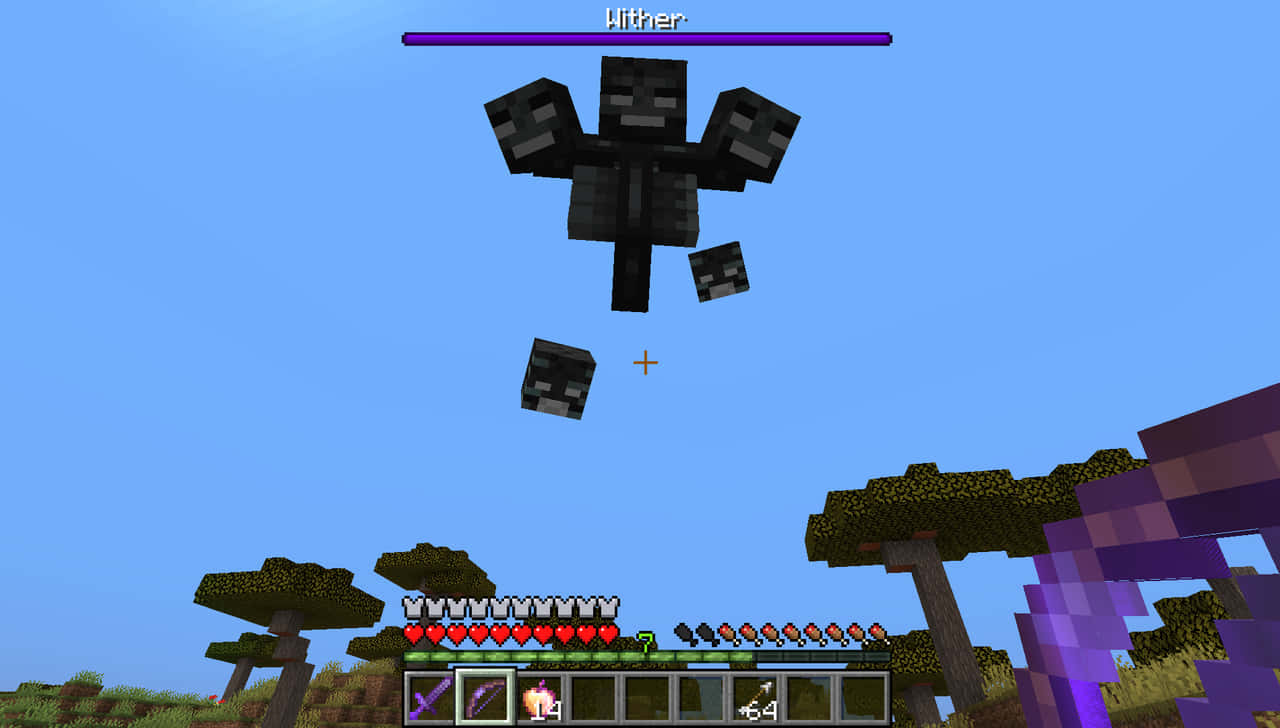 Minecraft Wither Boss 桌布 壁紙 — 一個像素化的凋零怪首領在晴朗的藍天中盤旋，下方是Minecraft景觀，有樹木和紫色方塊。