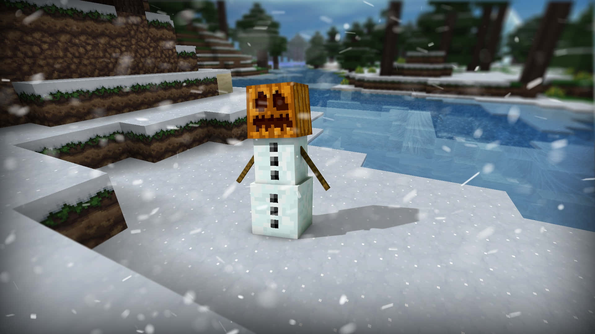 Minecraft Snow Golem 桌布 壁紙 — 一個像素化的南瓜頭雪人站在冰雪覆蓋的Minecraft景觀中，靠近一個結冰的湖。